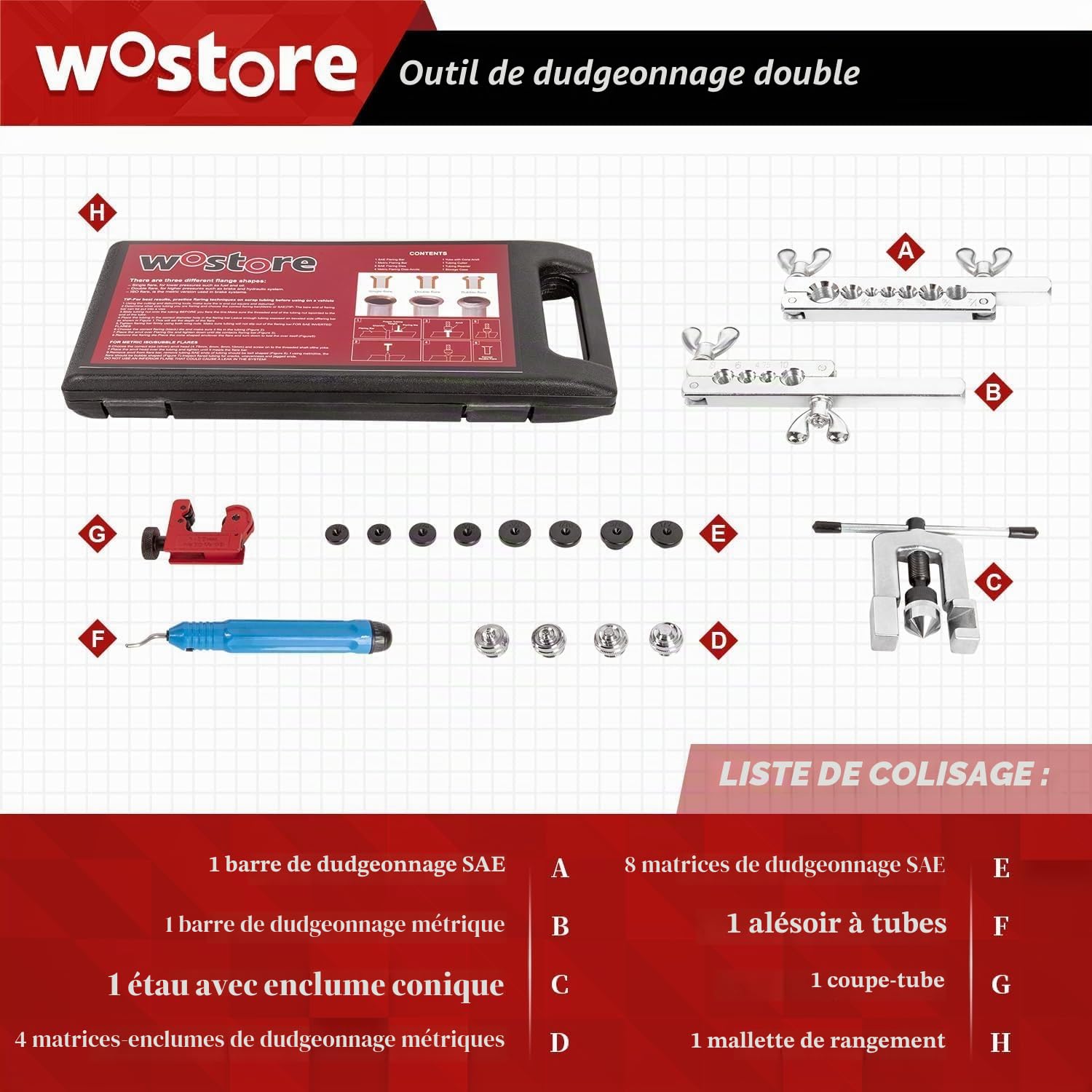 Wostore Double appareil à évaser pour tuyau de frein avec coupe-tubes et ébavureur de tuyaux, évasements simple, double (SAE) et à bulles (ISO) pour tuyaux en cuivre, plastique, aluminium, 3/16-5/8