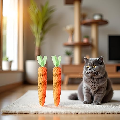 Miniatura 5 de 2 piezas de juguetes interactivos naturales naranjas de sisal zanahoria para gatos, juguete dental masticable, juguetes de dentición para gatos de