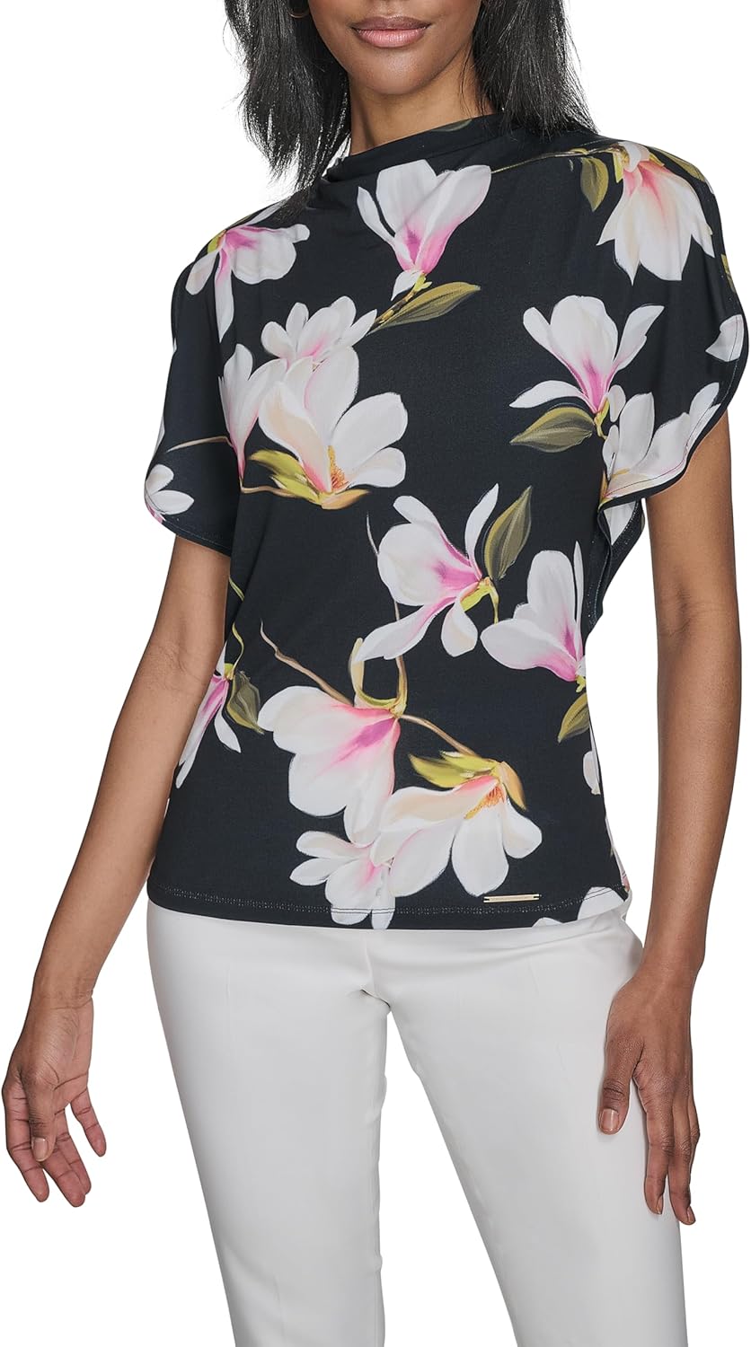 Halston Womens Short Sleeve Cowl Neck Printed Jersey Top