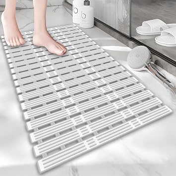 Onihan Shower Mat Non Slip Anti Mould,36 16 INCH Extra Long Bath Mat Non Slip for Shower and Bath,Rubber Nonslip Bathmat for DIY Cut,Machine Washable,Safe Shower for the Elderly and ChildrenGrey