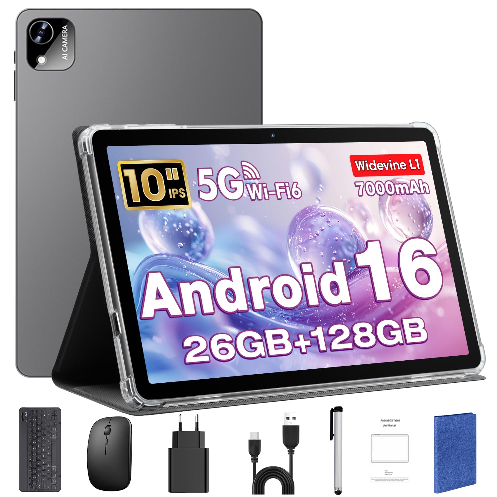 Android 16 Tablette 10 Pouces avec Clavier, Souris & Stylet, CPU Unisoc T606, 26 Go RAM + 128 Go ROM + 1 TO TF, Écran IPS HD 1280x800, Caméra Double, 7000 mAh, WiFi 6, BT 5.0, Widevine L1 (Étui Bleu)