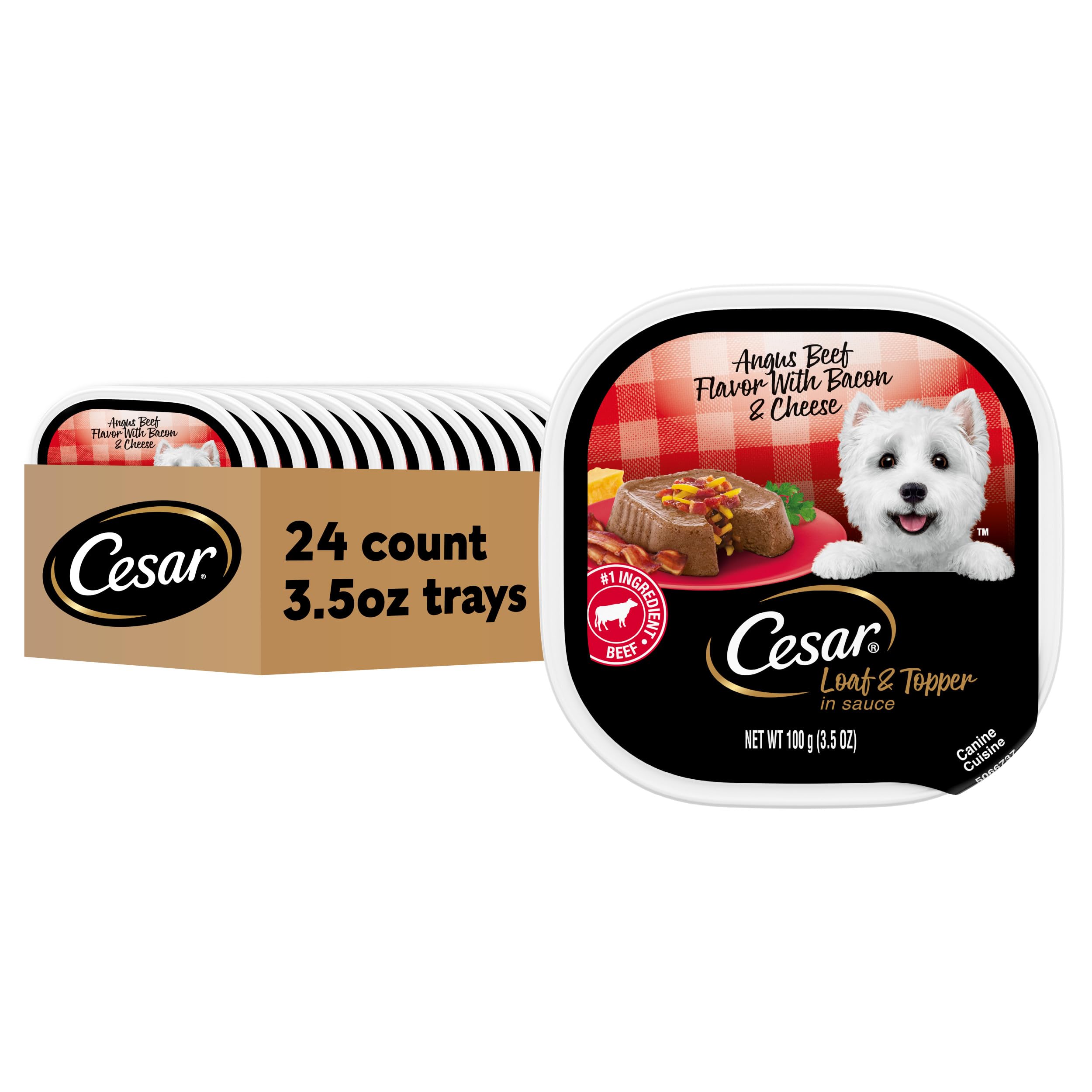 Cesar Loaf & Topper in Sauce Wet Dog Food, Angus Beef Flavor with Bacon & Cheese, Wet Food for Dogs, 3.5 oz Easy Peel Trays, 24 Count