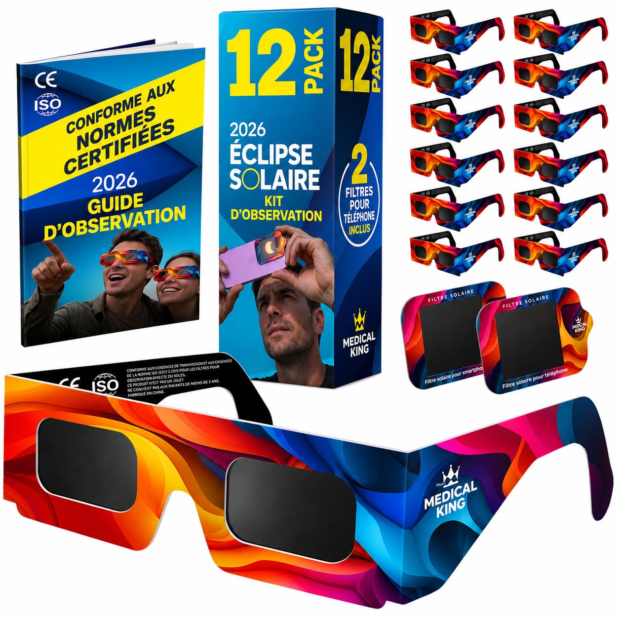 Lunettes Eclipse Solaire 2026 – Lot de 2/12/20 Paires Premium avec 2 Filtres Solaires pour Smartphone, Lunettes Eclipse Solaire ISO 12312-2,CE, Protection des Yeux pour l'Observation du Soleil