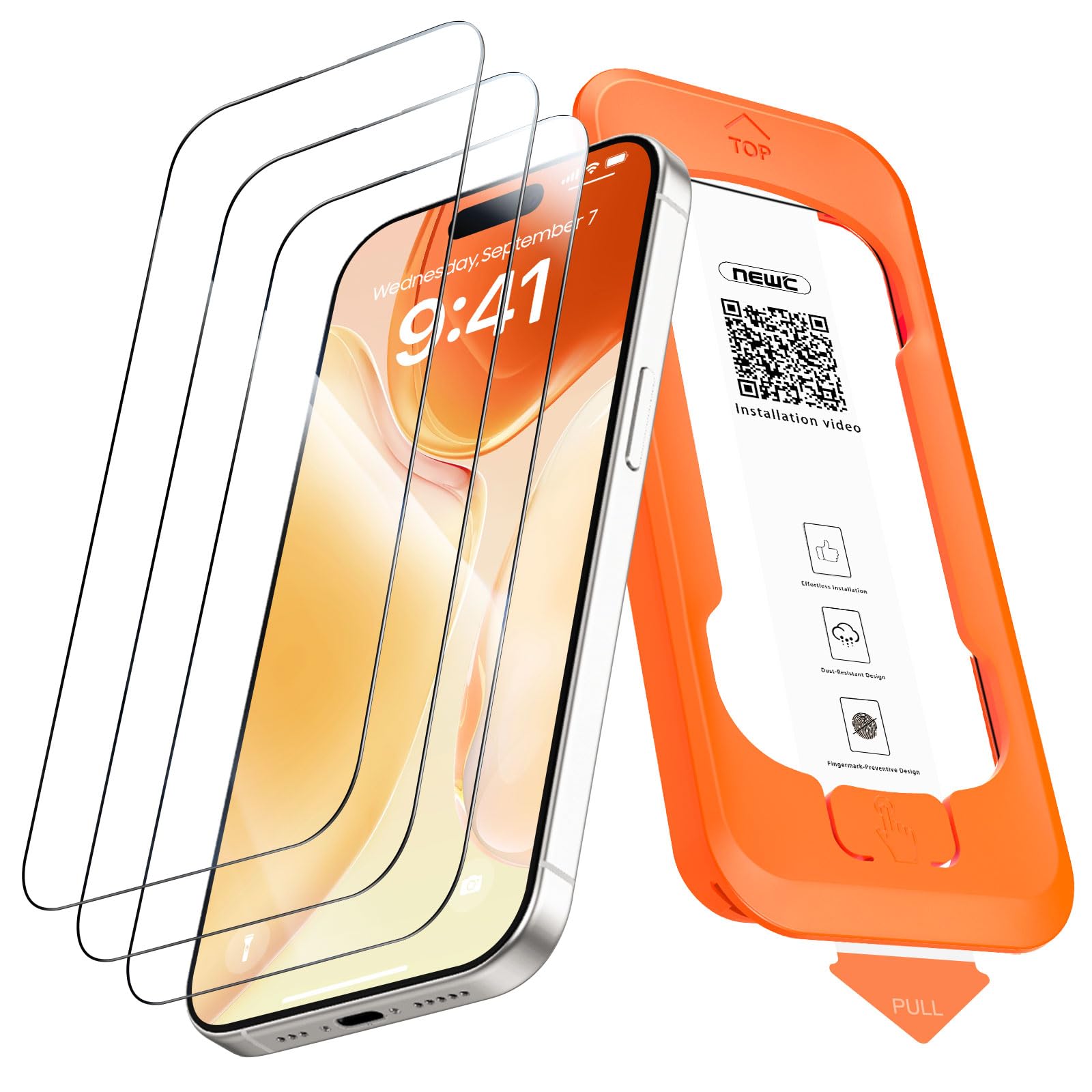 NEW'C 3 Pezzi, Pellicola Protettiva Schermo Intero per iPhone 15 Pro 6,1 pollici [Installazione Automatica], Vetro Temperato - Ultra Resistente - Adatta alla Custodia