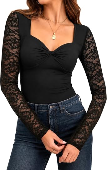Hilinker Womens Lace Long Sleeve Twist Front Going Out Tops