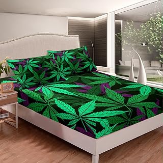 Homewish Cannabis Leaves Kids Fitted Sheet Full Size,Marijuana Weed Leaves Bedding Set,Girls Boys Adults Room Decor,Shrub Plants Botanical Bed Cover,Green Purple Bright Bed Sheet,2 Pillowcases