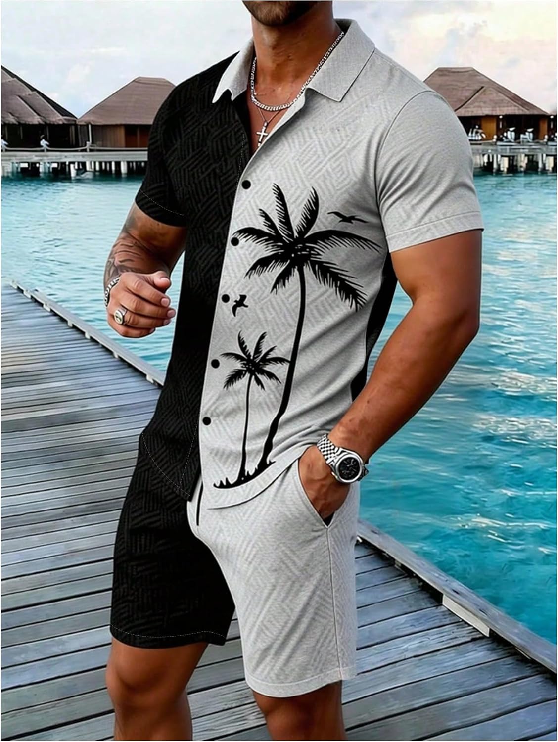 SOLY HUX Men's Summer Hawaiian Outfits Short Sleeve Button Down Beach Shirt Matching Shorts Vacation 2 Piece Set