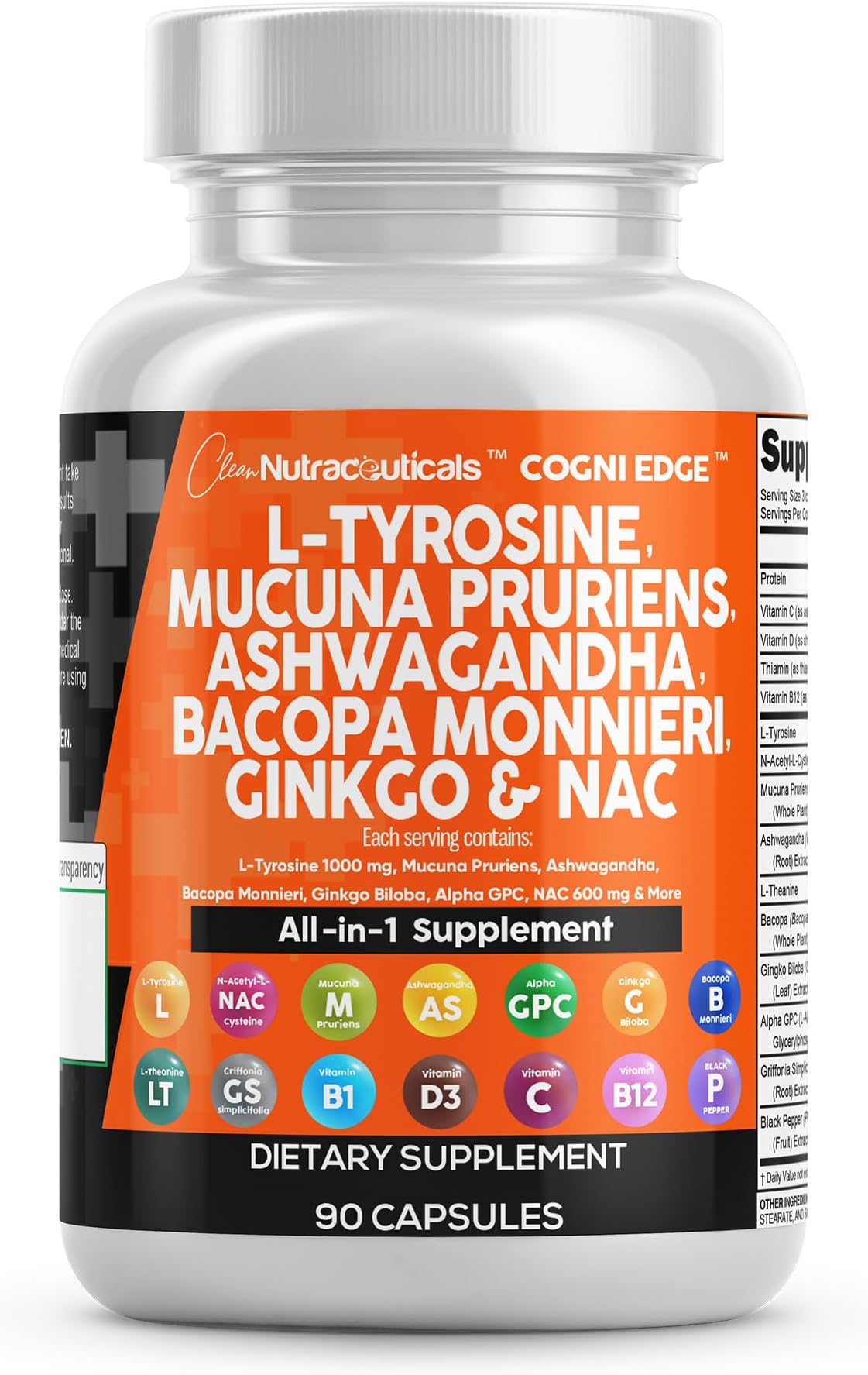 Clean Nutraceuticals L Tyrosine Mucuna Pruriens Bacopa Monnieri Ashwagandha Focus Supplement w/N-Acetyl Cysteine NAC 5-HTP Ginkgo Biloba Alpha GPC Vitamin C D B1 B12