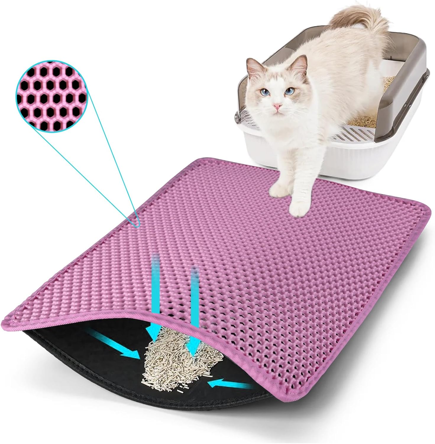 Cat Litter Mat, Kitty Litter Collector, Double Layered Honeycomb Design Waterproof, Anti Urine, Anti Slip, Easy to Clean, Limit Garbage (26"x46.5", Pink)