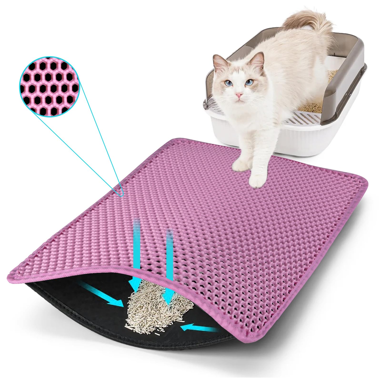 Cat Litter Mat, Kitty Litter Collector, Double Layered Honeycomb Design Waterproof, Anti Urine, Anti Slip, Easy to Clean, Limit Garbage (30"x24", Pink)