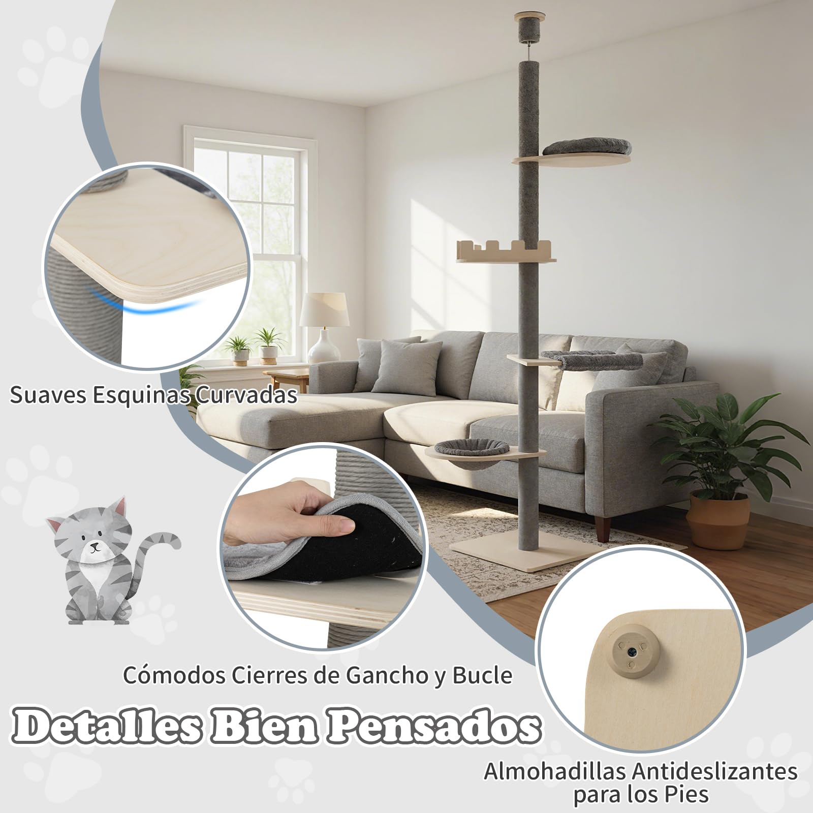 COSTWAY Árbol para Gatos de Suelo a Techo de 236-271 cm, Árbol Rascador para Gatos de Madera con Percha, Cama en Cesta, Postes Rascar, Hamaca y Cojines Removibles, Torre Gato Alta de 5 Niveles, Gris
