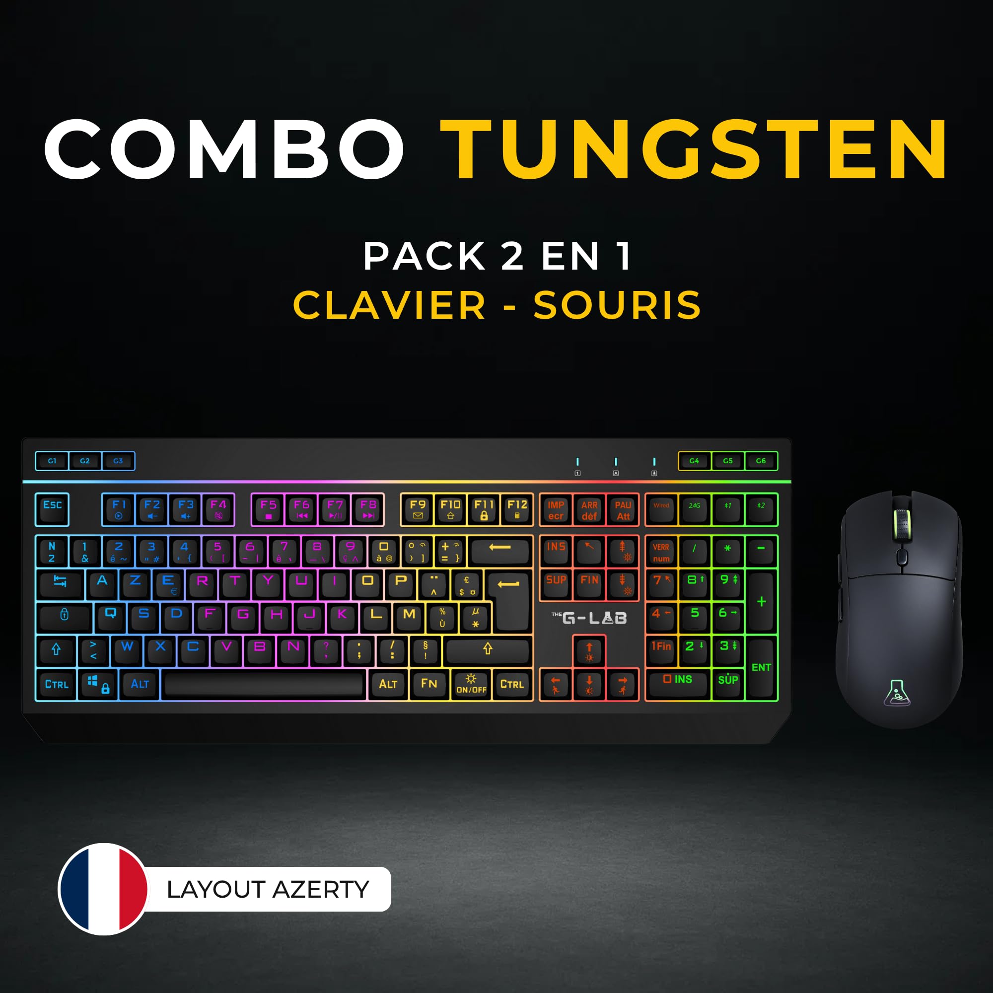 The G-Lab - Tungsten EX Combo - Bezprzewodowa mysz - Potrójne połączenie 2,4 GHz/BT/przewodowe - AZERTY FR Gamer Keyboard RGB & Makra Custom - Bezprzewodowa mysz do gier 6400DPI - PC/PS4/PS5