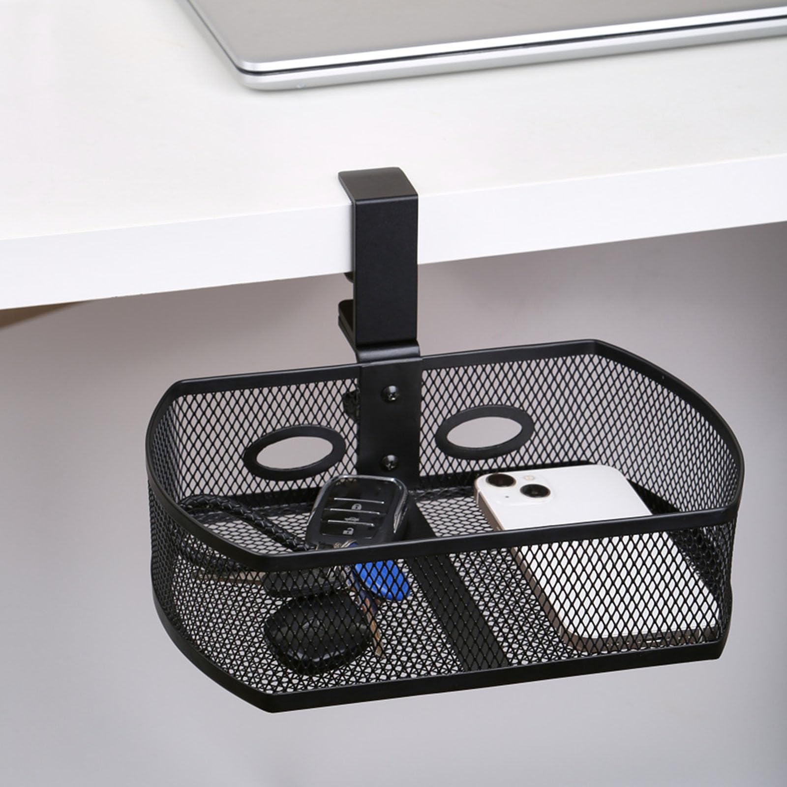 Organizador de escritorio giratorio de 360 grados, instalación sin agujeros, bandeja de almacenamiento de metal para suministros de oficina, oficinas en casa, solución de ahorro de espacio
