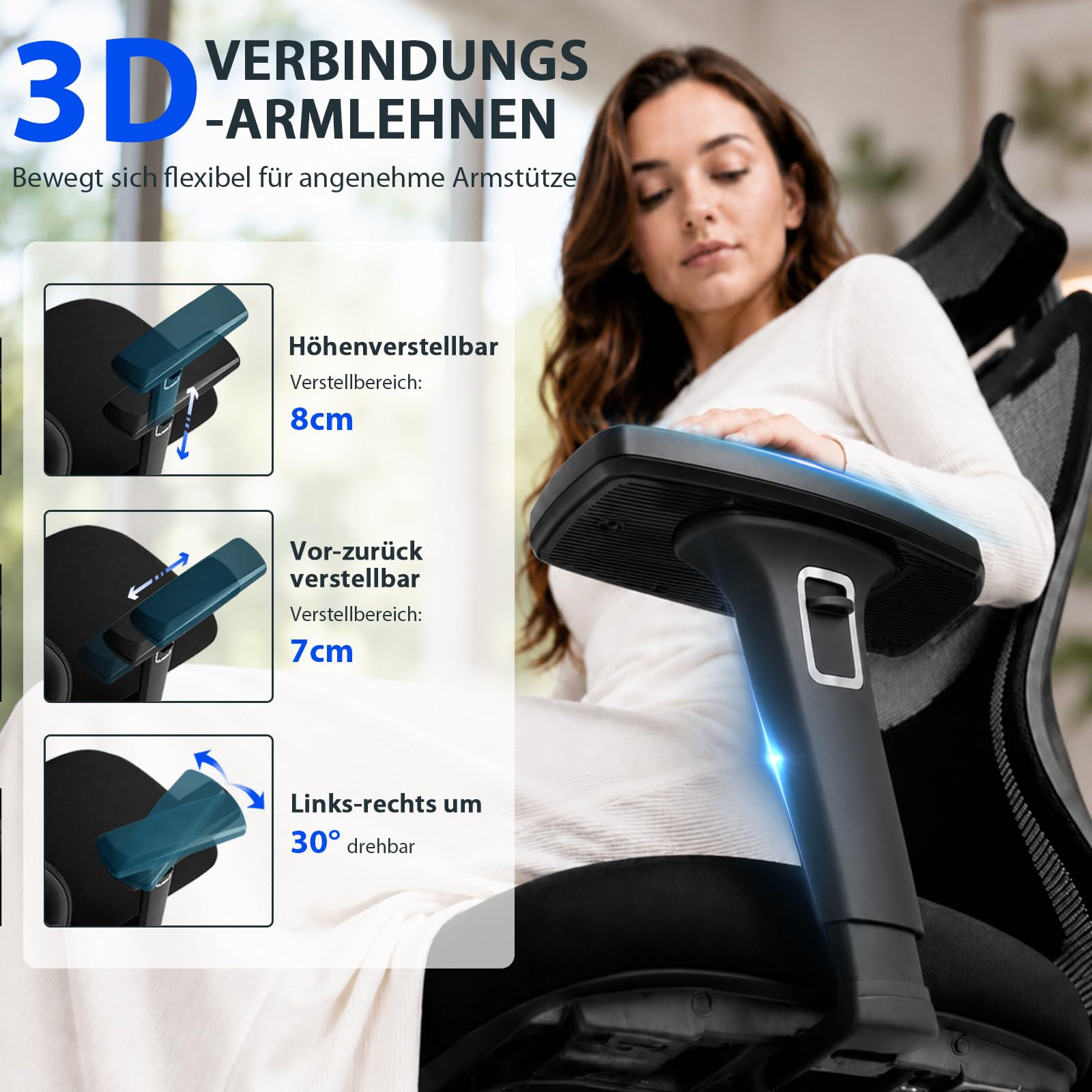 Hoolamyie Ergonomischer Bürostuhl mit Kopfstütze & Lendenstütze, Drehstuhl mit Sitztiefenverstellung, 3D Armlehnen, Mesh Schreibtischstuhl ergonomisch für Homeoffice & Büro, Schwarz