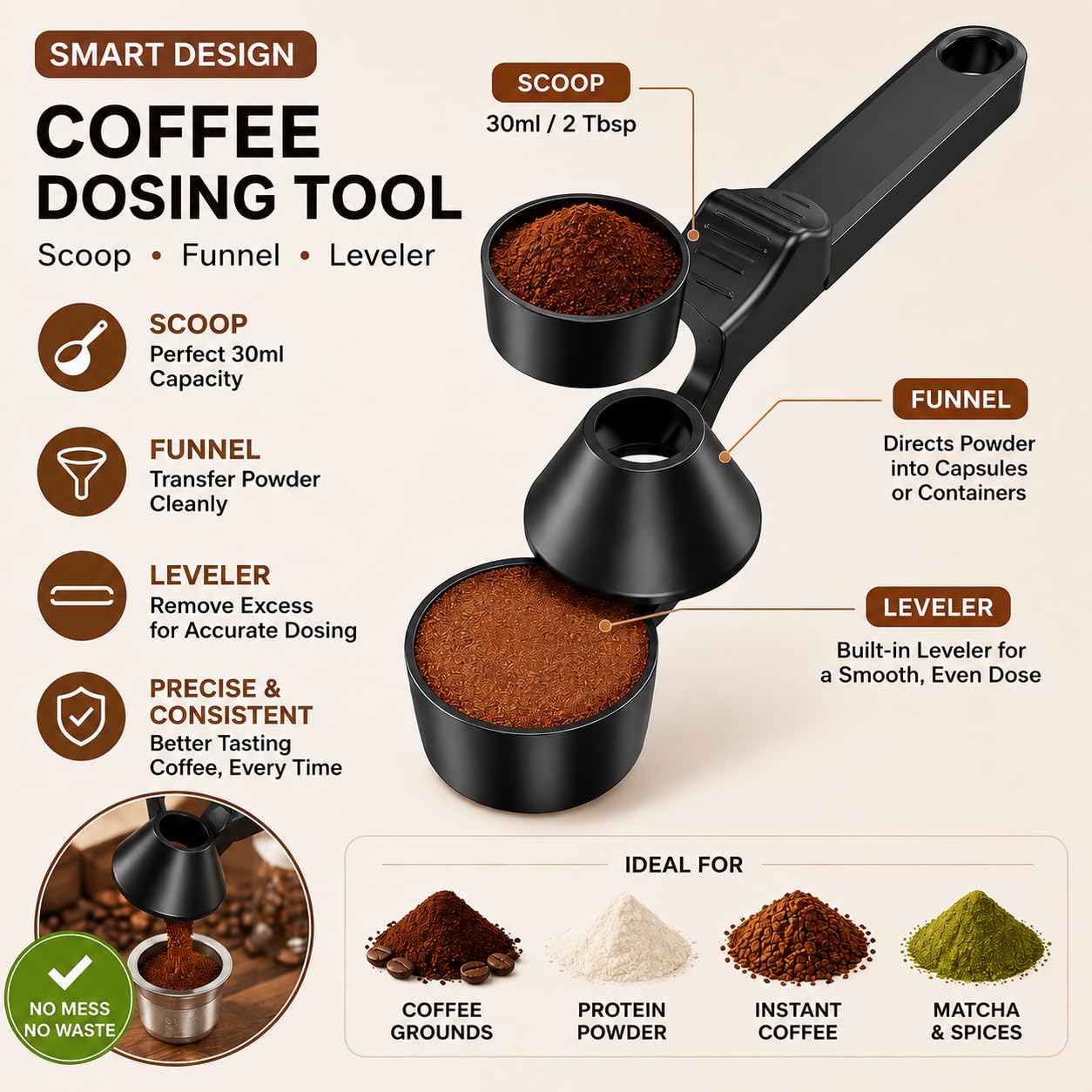 Cucchiaio Dosatore Proteine con Imbuto, Misurino Polvere 30ml (~15g Caffè), Cucchiaio Dosatore per Whey, Caffè e Capsule, Manico 19cm Anti-Scivolo