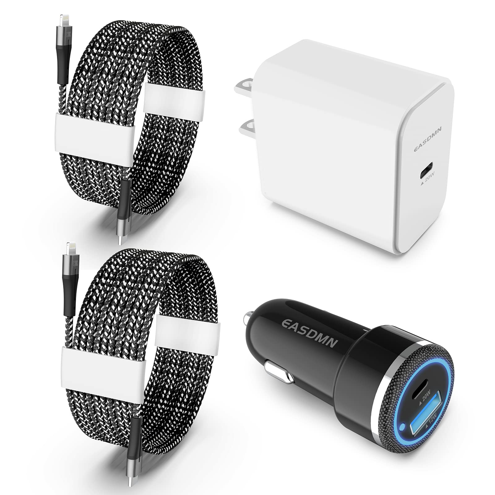 iPhone 14 13 12 Fast Charger USB C Kit, EASDMN 20W Super-Speed Wall Charging Block/PD Car Adapter/2x iPhone Fast Charger Cords Compatible with iPhone 14/13 Pro/Pro Max/Mini/12/11/Xs Max/X, iPad(3.3ft)