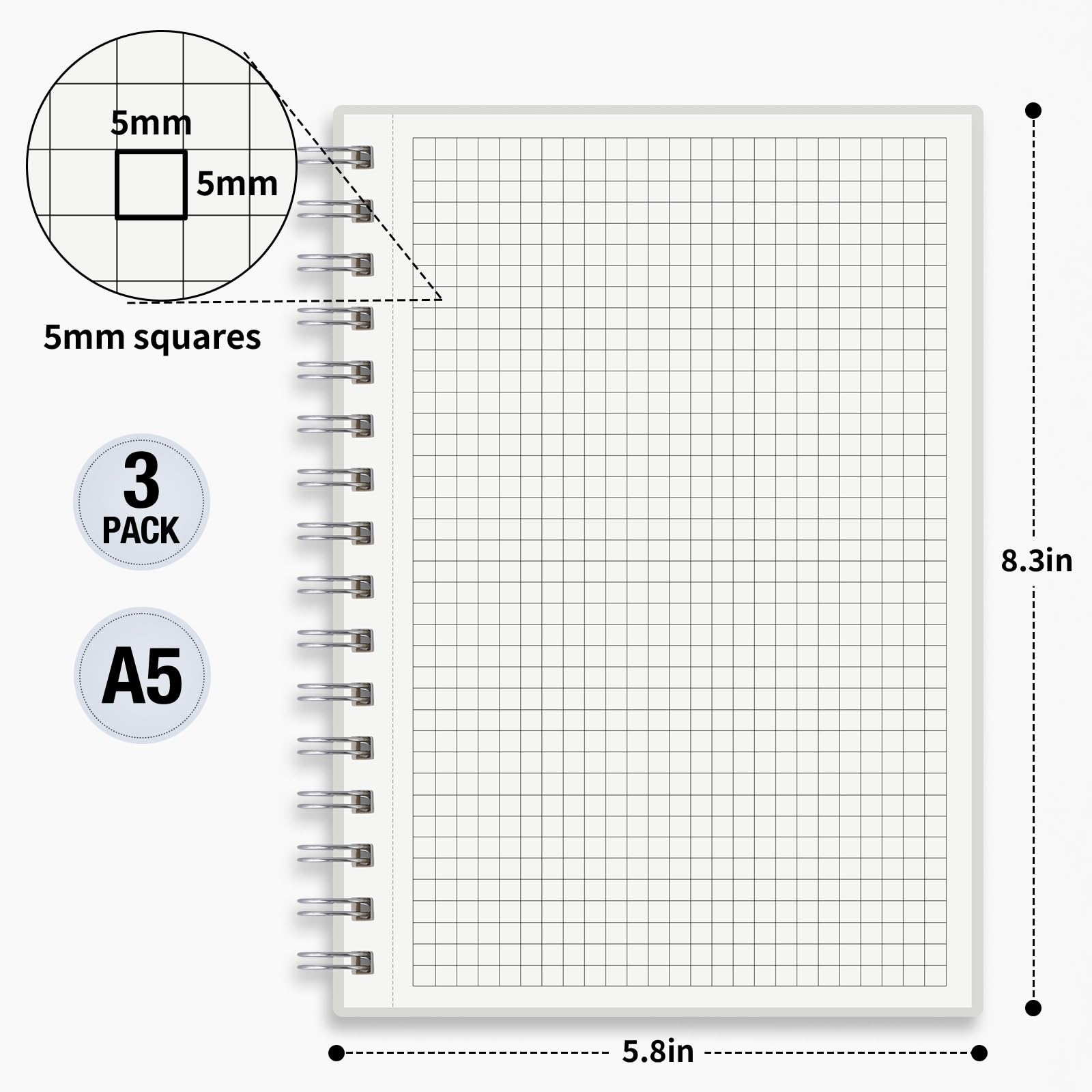 Cuaderno cuadriculado en espiral A5, paquete de 3, 160 páginas, papel grueso de 100 g/m², cubierta translúcida esmerilada impermeable, diario cuadrado perforado para oficina escolar