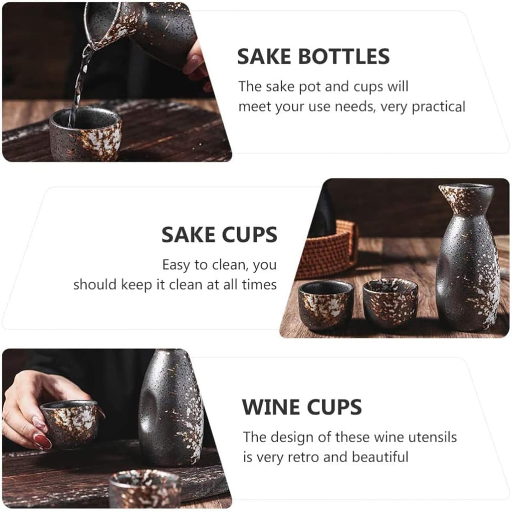 Service à saké Japonais Traditionnel Vintage en céramique, 5 pièces, Comprenant 1 Pot à saké et 4 Tasses à saké.