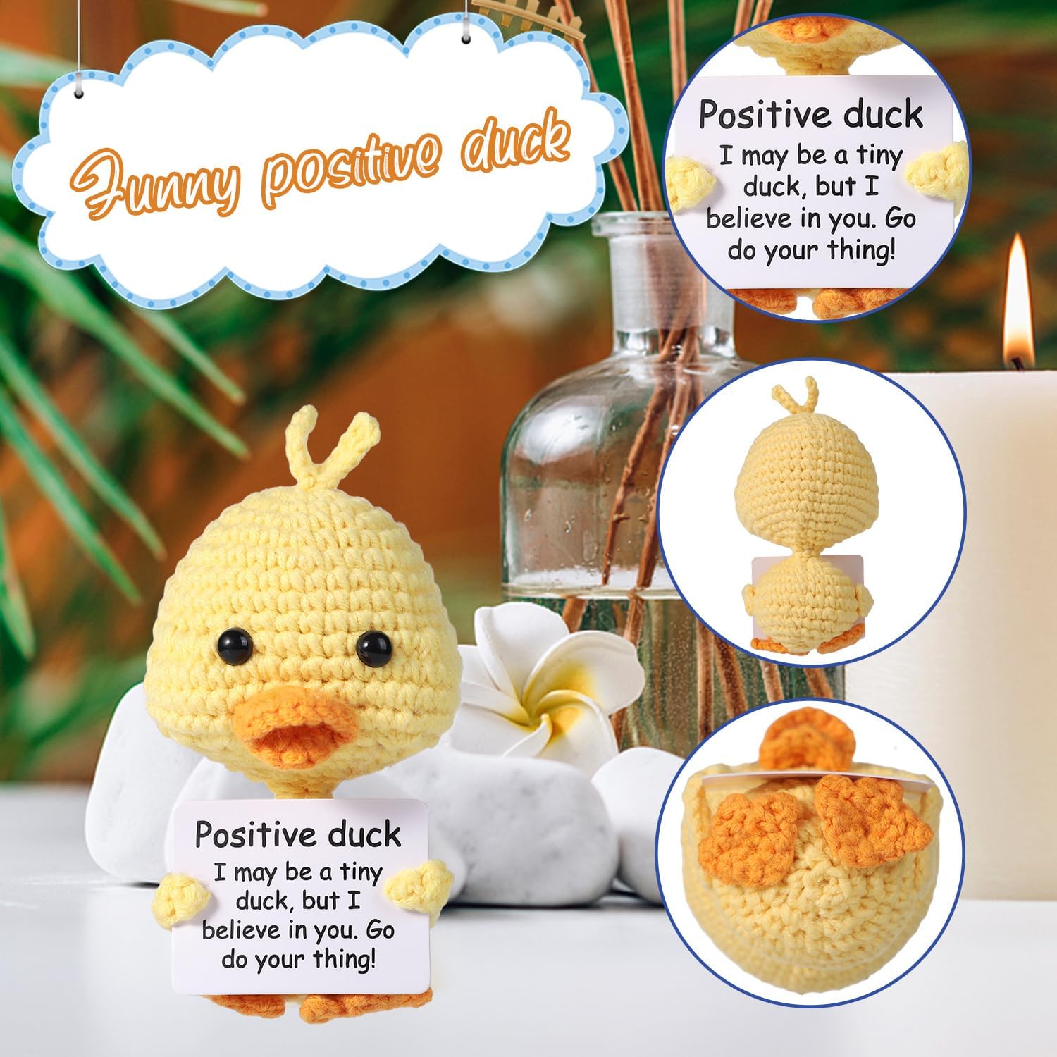 BOXOB Mini Funny Positive Duck, 3.94" Creative Wool Pocket Knitted Duck Toy Doll with Card Cute Crochet Tiny Positive Emotional Dolls Duck for Birthday Gift Party Decoration Encouragement