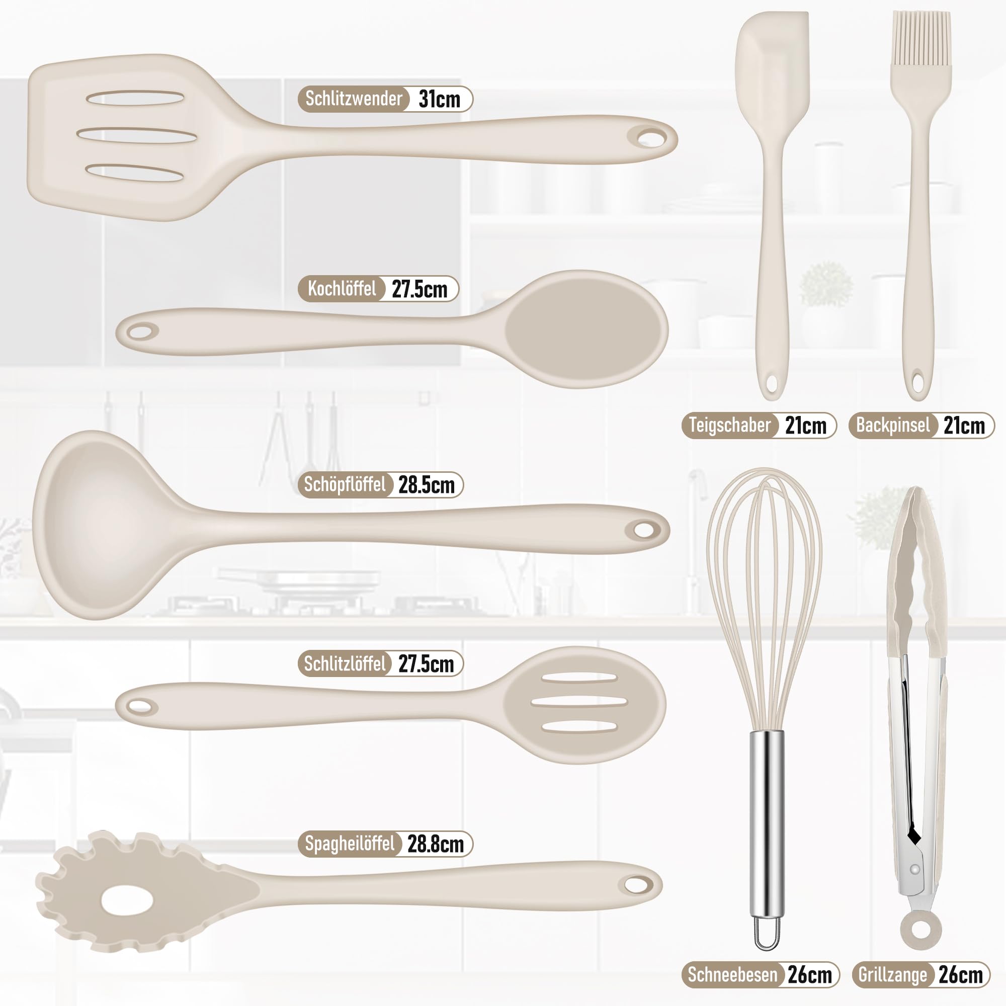 Joyfair Keukenhulpset, 9 stuks siliconen keukengerei, hittebestendig kookgerei, kookgerei set met spatel, garde, grilltang, anti-aanbak, kookbestek voor koken en bakken, kaki