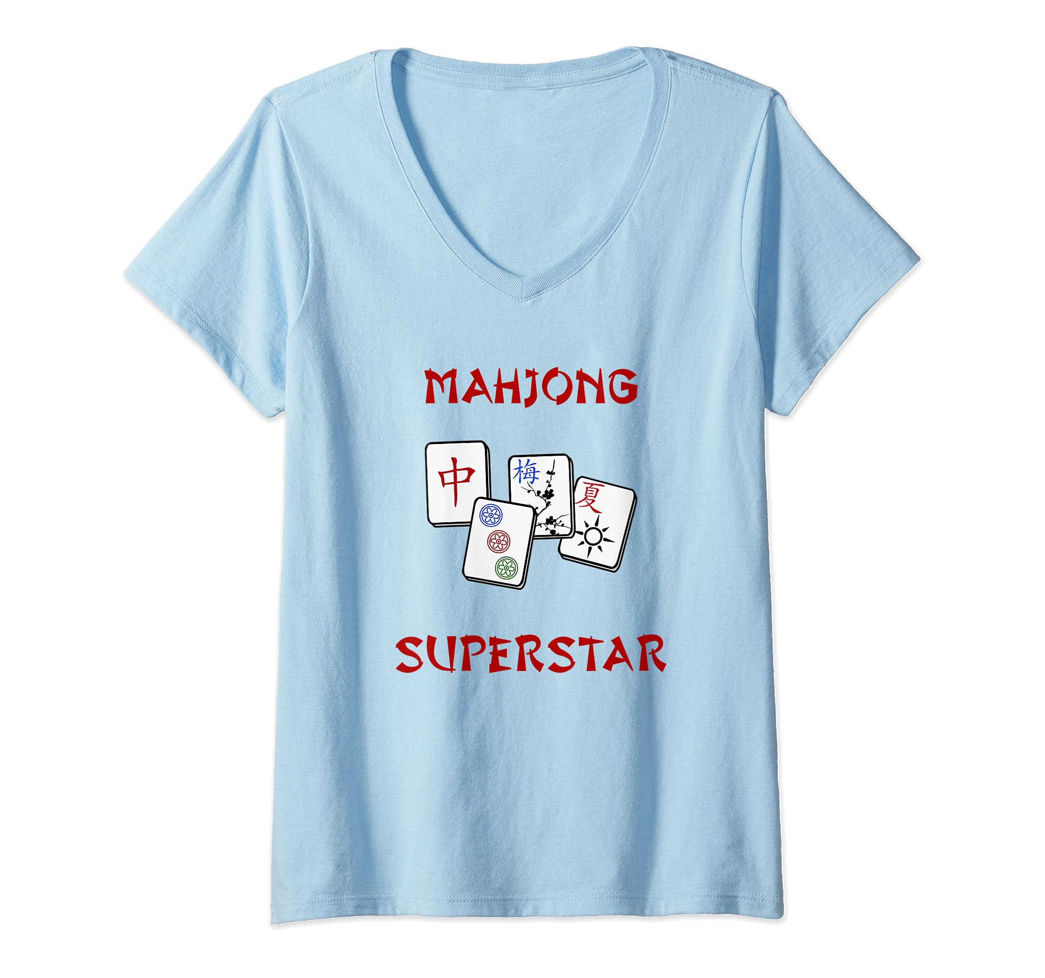 Manifest Tee'sWomens Funny Mahjong Superstar White Tile Game Tee V-Neck T-Shirt