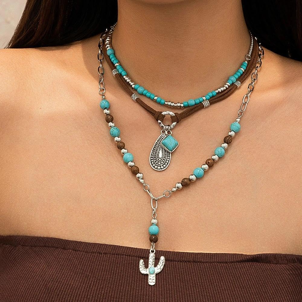 Boho Western Necklaces for Women Vintage Turquoise Beaded Layered Necklaces Cow Head Cactus Pendant Necklace Set Cowboy Cowgirl Jewelry Accessories - Image 3
