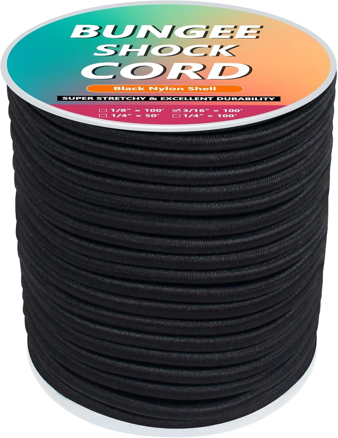 3/16" x 100' Bungee Shock Cord Strong Bungee Cord Roll Black Kayak Bungee Cord Elastic Nylon Cords for Camping, Tents, Cargo, Awning Kayak Stretch String Rope, Marine Grade