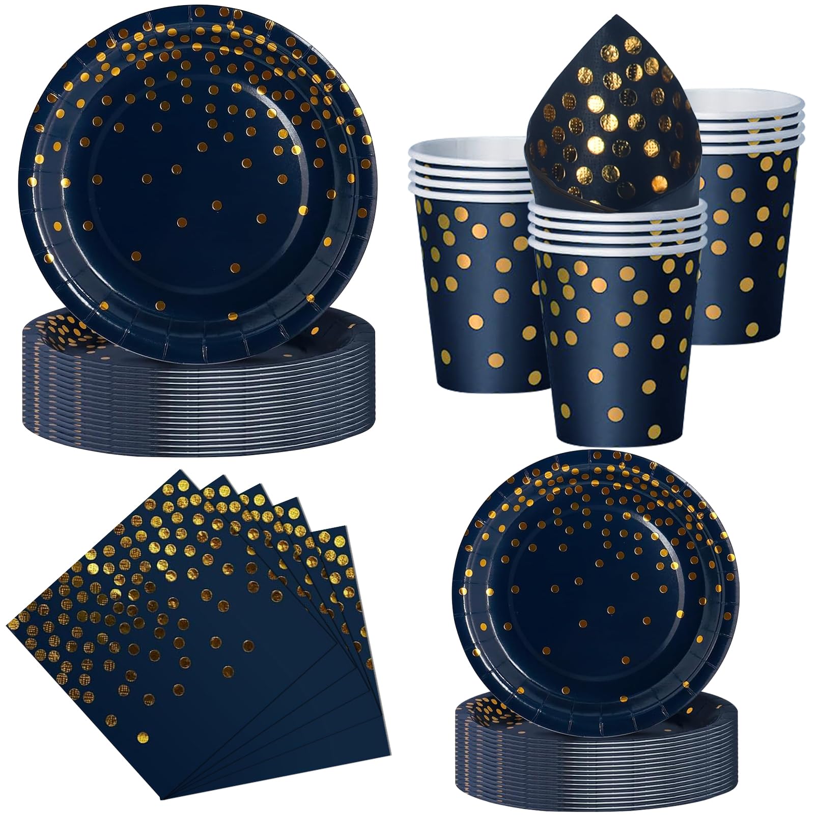 Nkaiso 50 Pcs Navy Blue Gold Paper Plates and Napkins Set for 10