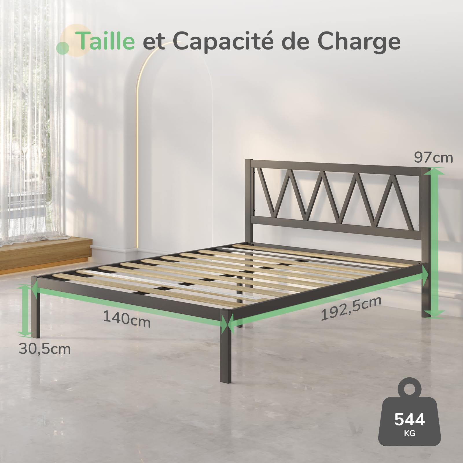 Novilla Cadre de lit Plateforme en métal pour Matelas de 140 x 190 cm, Hauteur de Rangement sous Le lit 30.5cm, Support à Lattes en Bois, Pas Besoin de sommier, Assemblage Facile, Noir