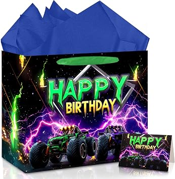 JOCOPUERTO Monster Truck Birthday Gift Bag - 16.5" Extra Large Happy Birthday Gift Bag with Tissue Paper and Card for Boys Kids Truck Themed Party Supplies