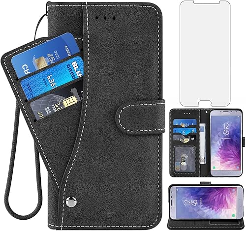 Funda para Samsung Galaxy J4 2018, de piel, con ranura para tarjeta de crédito, soporte para función atril, delgada, con tapa de cuerpo completo,