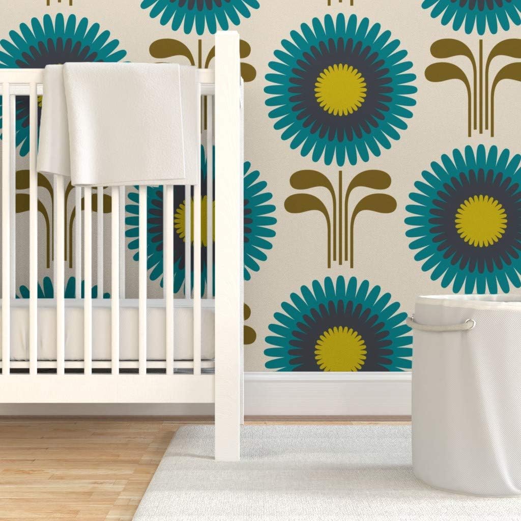Peel & Stick Wallpaper 3ft x 2ft - Retro Vintage Floral Olive Custom Removable Wallpaper by Spoonflower
