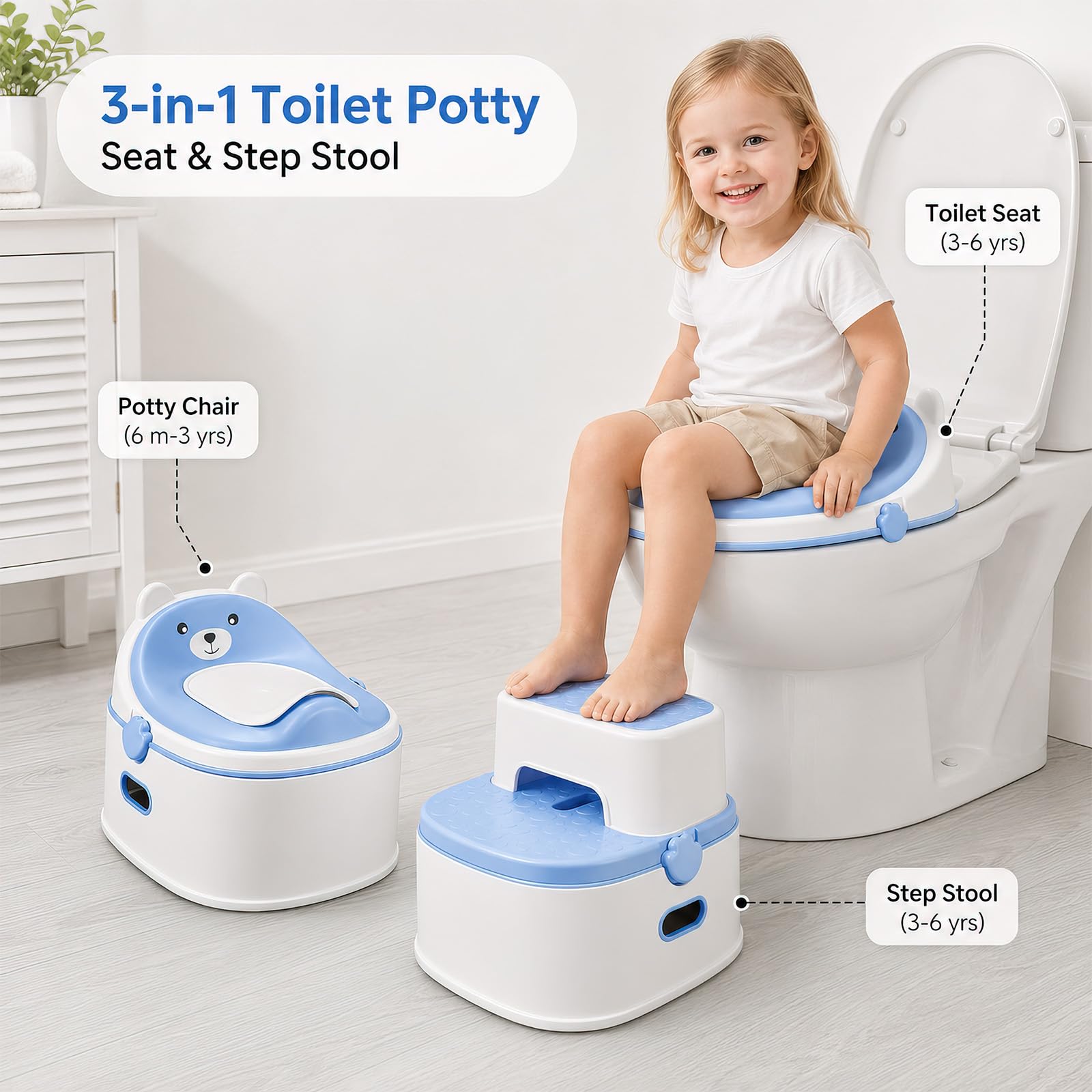 Inodoro de entrenamiento 3 en 1, asiento y taburete para niños pequeños