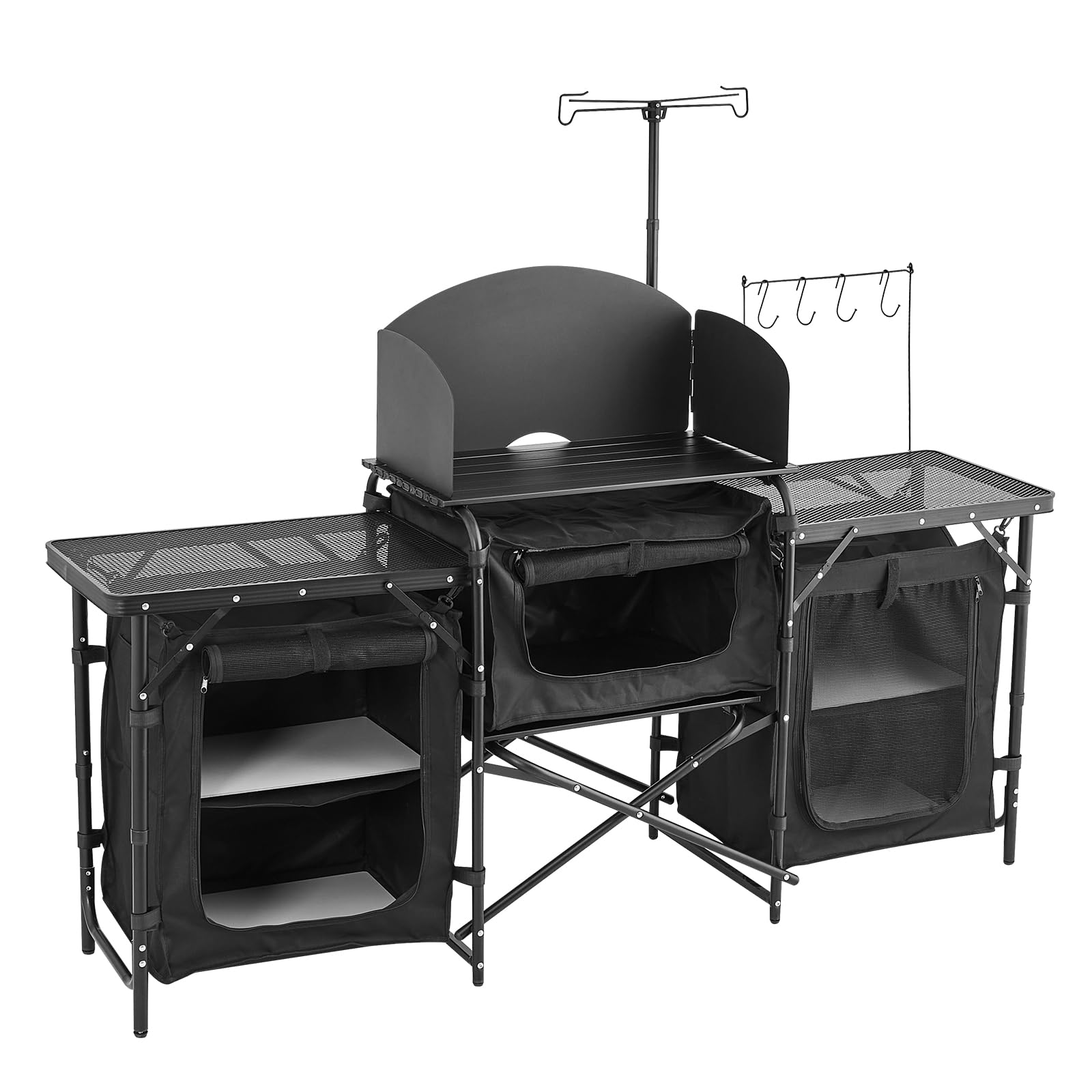 VEVOR Tavolo da Cucina da Campeggio all'Aperto, Stazione di Cottura Portatile in Alluminio con 3 Armadietti Portaoggetti, Borsa per Trasporto, Parabrezza Staccabile, per Barbecue, Festa, Picnic, Nero
