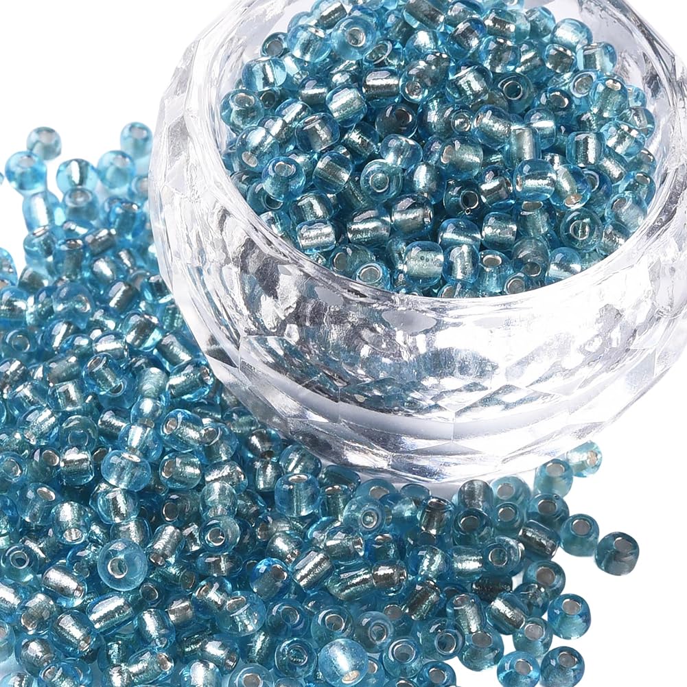 PONABEADIY 1 Box 3MM 3000PCS Turquoise Glass Seed Beads with Hole Silver Lined Transparent Mini Pony Round Clear Loose Spacer Bead Bulk for Jewellery Making Necklace Bracelet Earrings Diy Craft Supply