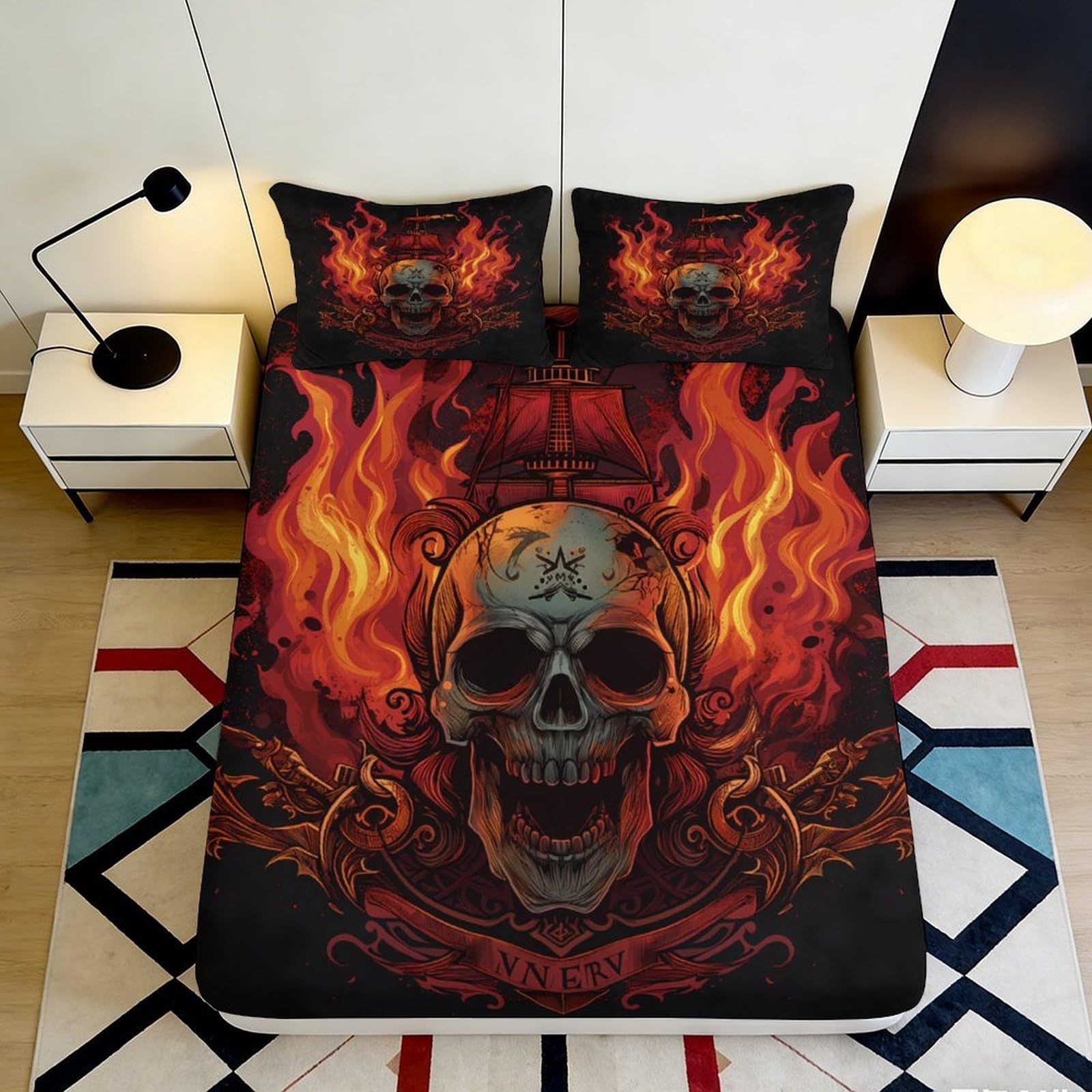3D Printed Flaming Skull Fitted Sheet Microfiber Soft Durable Fire Design Bed Cover for Bedroom Dormitory Guest Room Mattress Protection 120x200x25cm