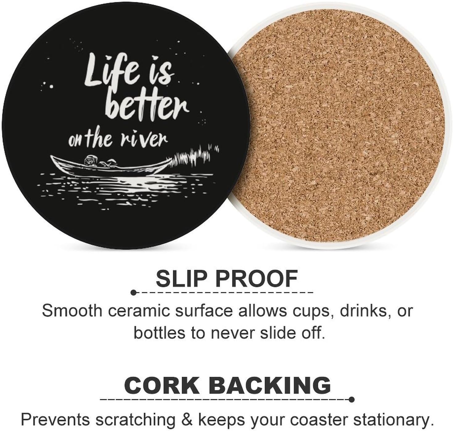 Life is Better on River Round Ceramic Coasters Print Drinks Absorbent with Cork Base for Home Decor Gifts 4 Inch