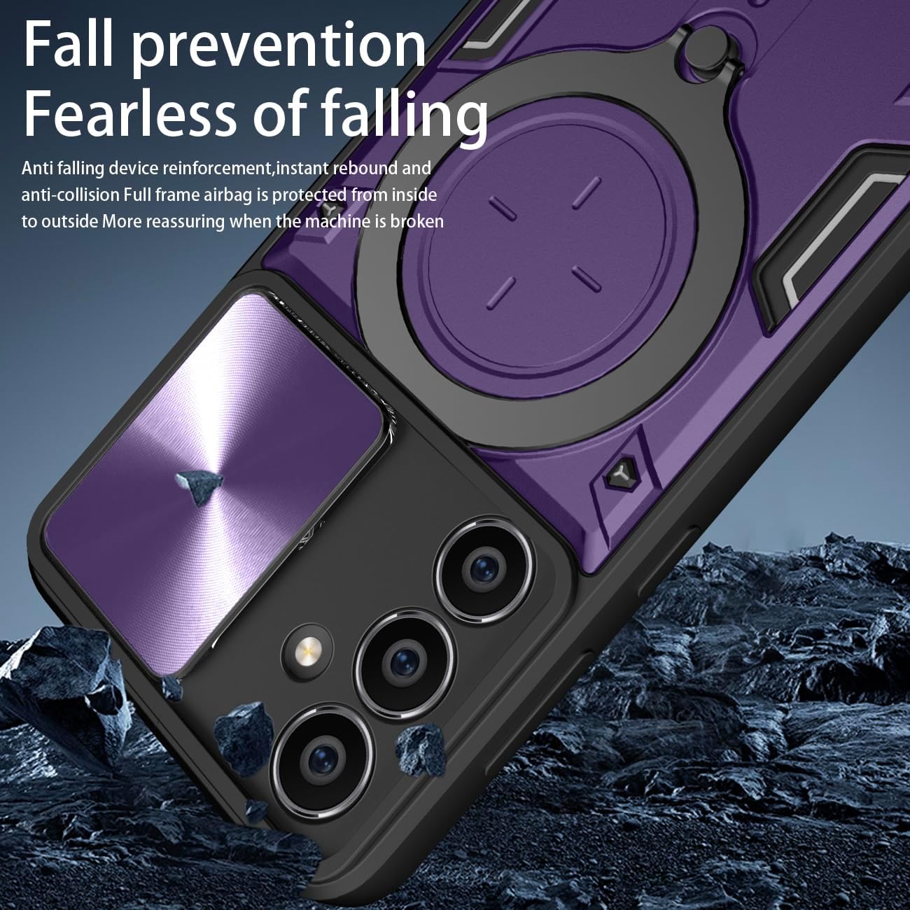Asuwish Phone Case for Samsung Galaxy S23 FE 5G Slide Camera Magnetic Cover with Tempered Glass Screen Protector and Ring Holder Stand Hybrid Mobile Cell Accessories S 23 EF S23FE 23S Women Purple