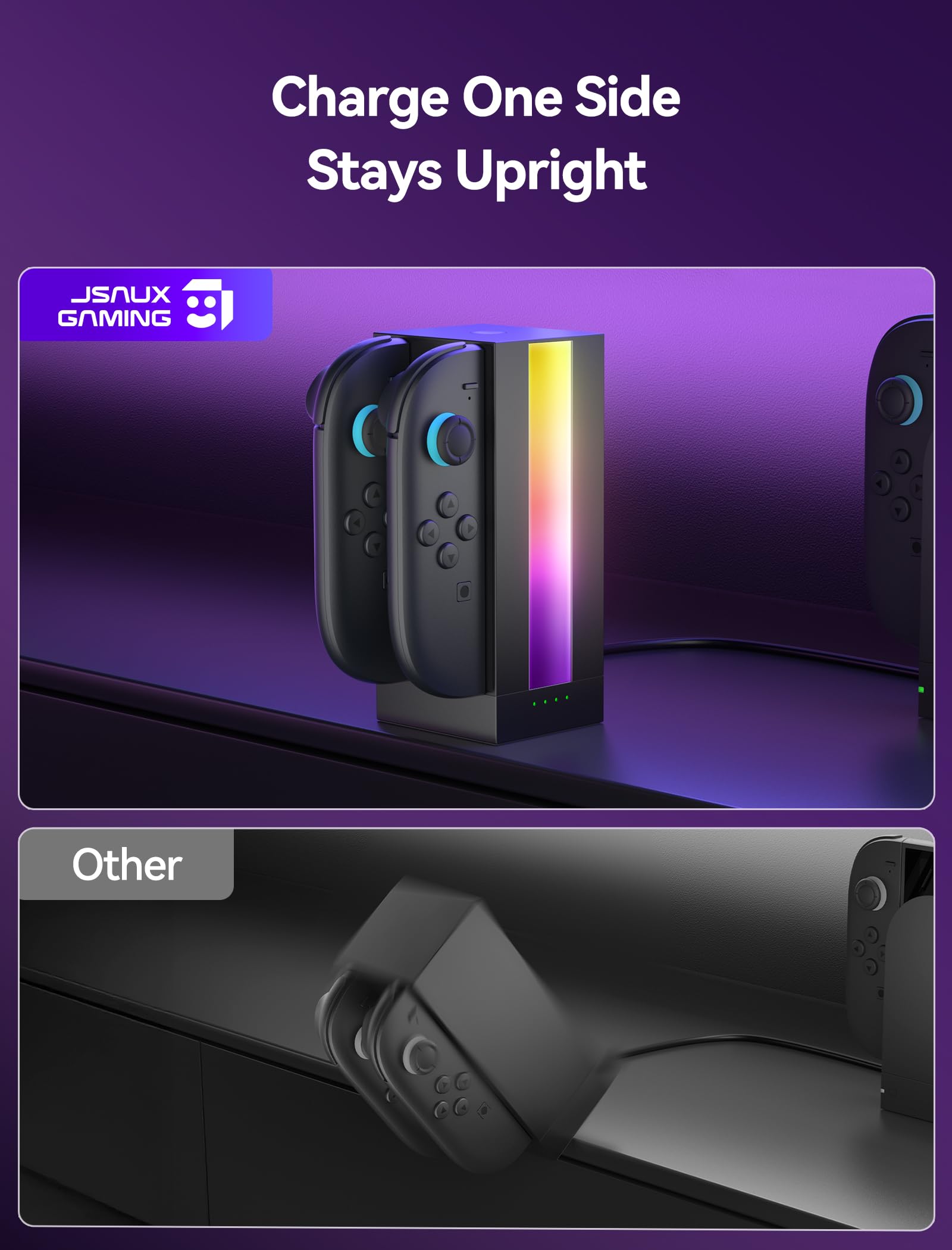 Stacja ładująca JSAUX EnergyFlow do kontrolera Nintendo Switch 2 JoyCon, magnetyczna stacja ładująca RGB 4 w 1 z wyświetlaczem LED, akcesoria Switch 2 JoyCon z USB C o długości 1,5 m