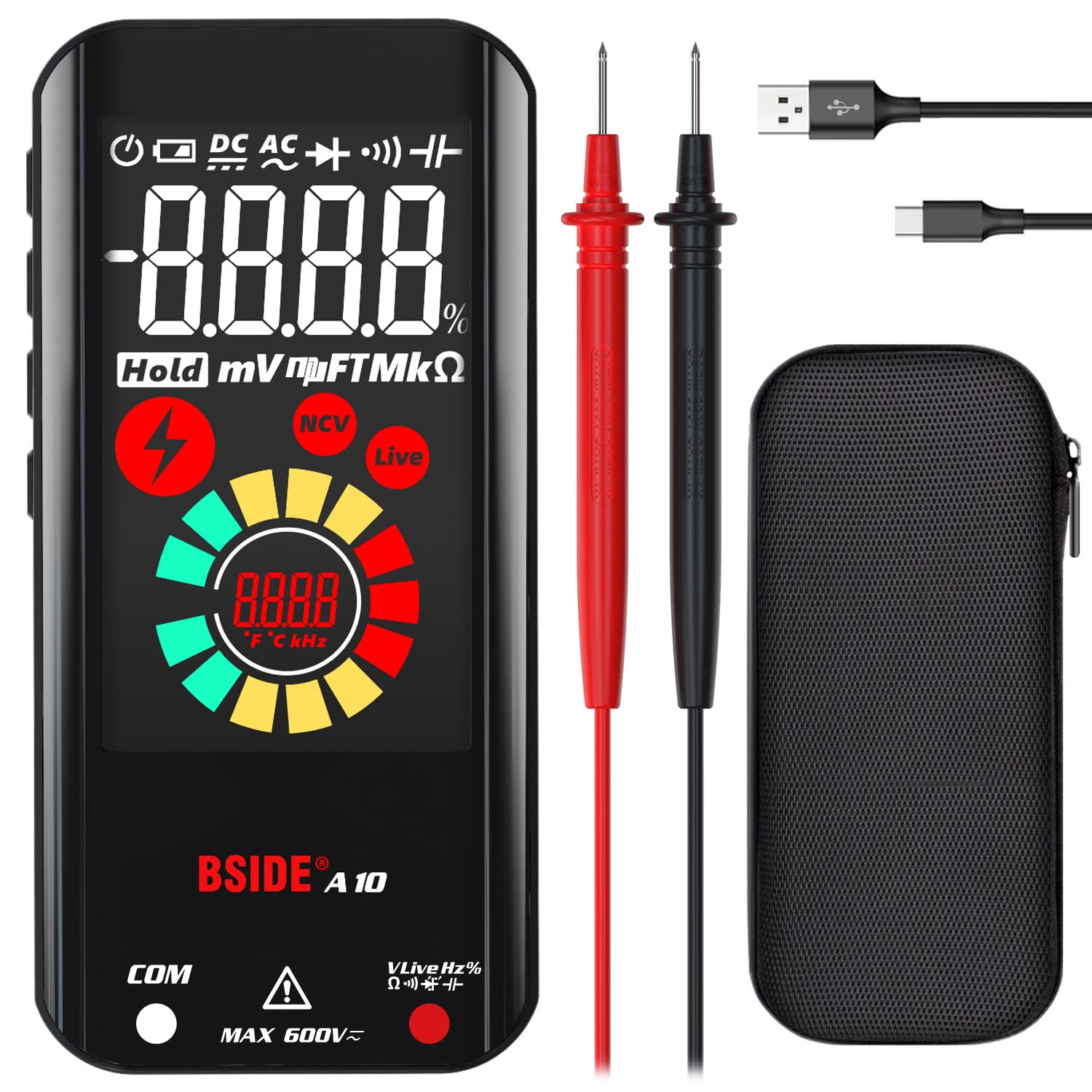 BSIDE Rechargeable Digital Multimeter Color LCD 3 Results Display 6000 Counts Auto-Ranging Pocket Voltmeter Cap Duty Cycle Live Check Voltage Tester