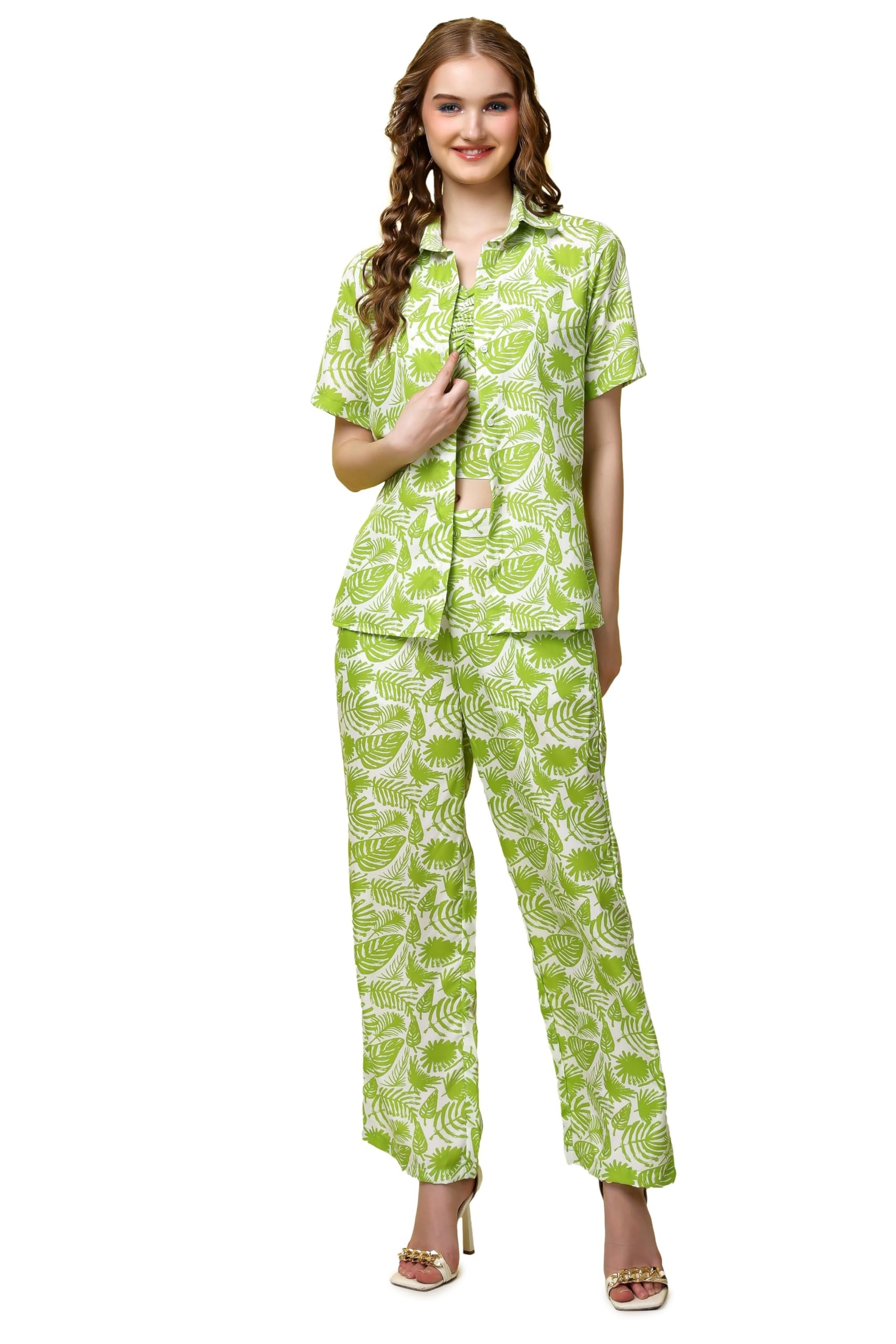 Popwings Casual Floral Printed 3-Piece Co-Ord Set For Women || Co-Ord Set For Women Western Summer Office Wear || Crop Top, Trouser And Shirt Set For Women Light Green