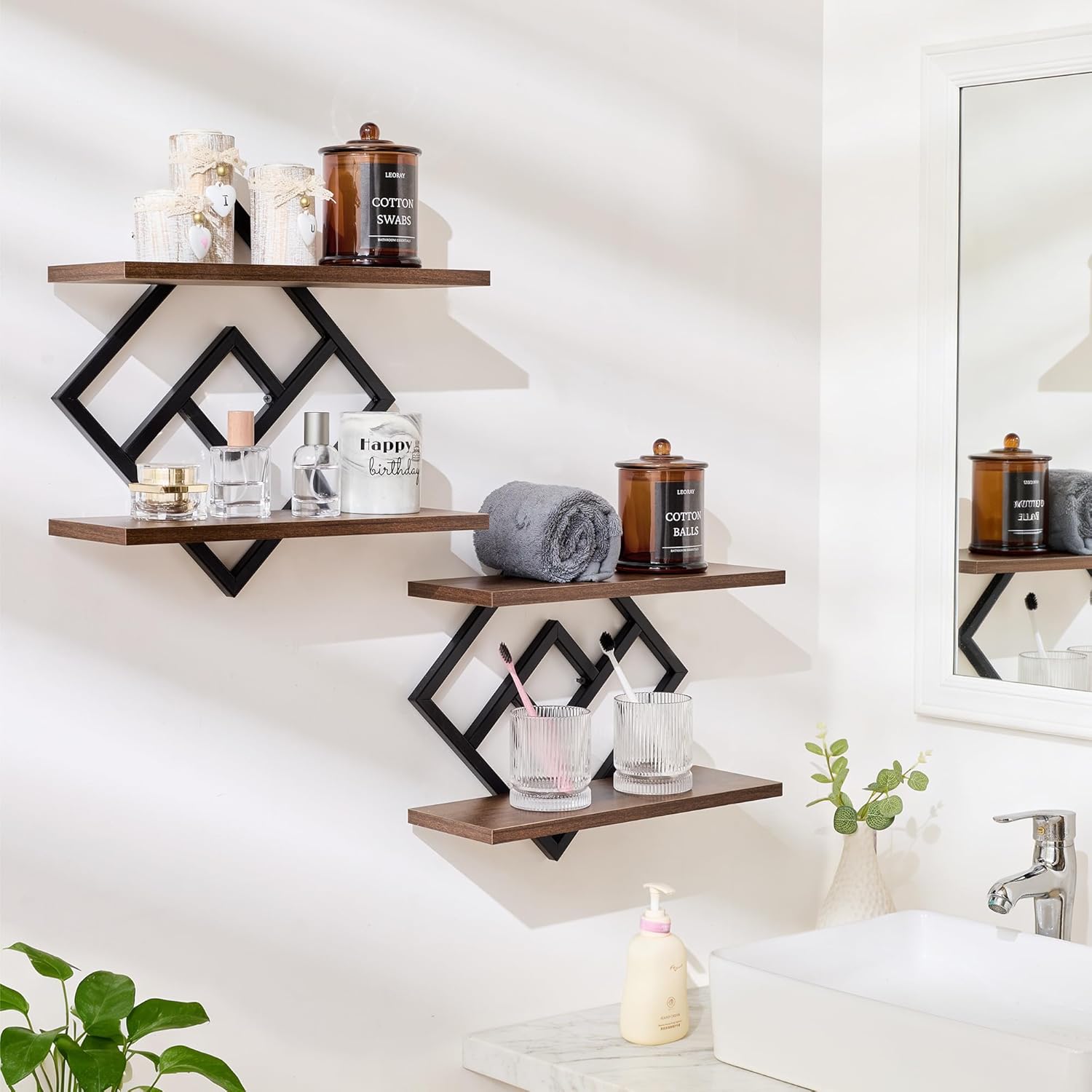 Set of 2 Floating Shelves Farmhouse Wall Shelves 2-Tier Decorative Hanging Shelves Wall Mounted Bathroom Shelves Wooden Wall Decor Shelf (Dark Brown)