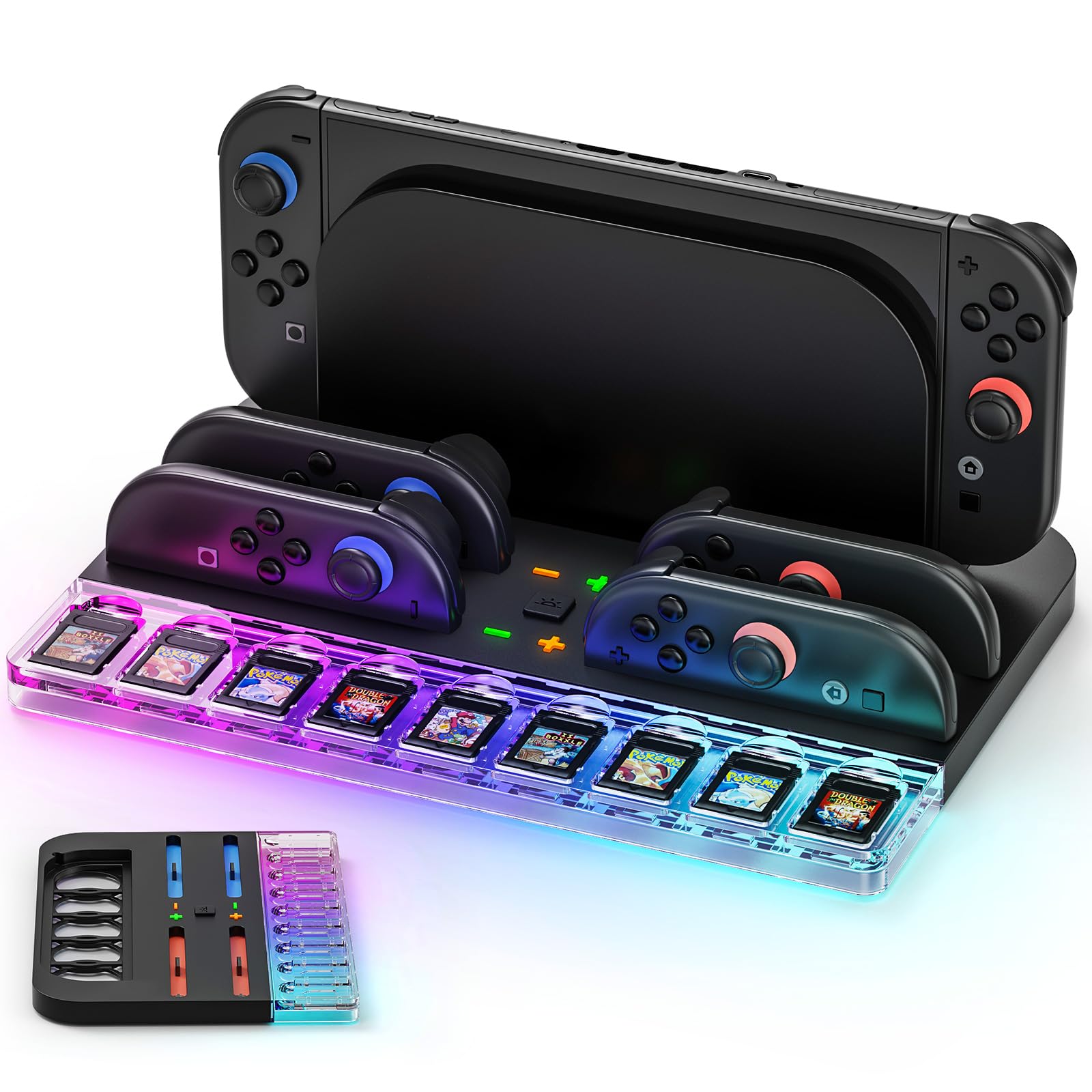Stazione di Ricarica Joy Con Switch 2 (2025), Stazione di Ricarica per Controller Switch 2 con 7 Luci RGB, Ricarica 4 Impugnature Switch 2, Contiene 9 Schede di Gioco Switch e Accessori per Console Sw