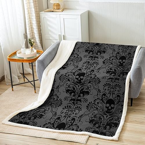 Miniatura 2 de Manta de damasco negro para adultos, manta barroca victoriana antigua, gótica, vintage, floral, manta exótica de calavera de azúcar de 90 x 90