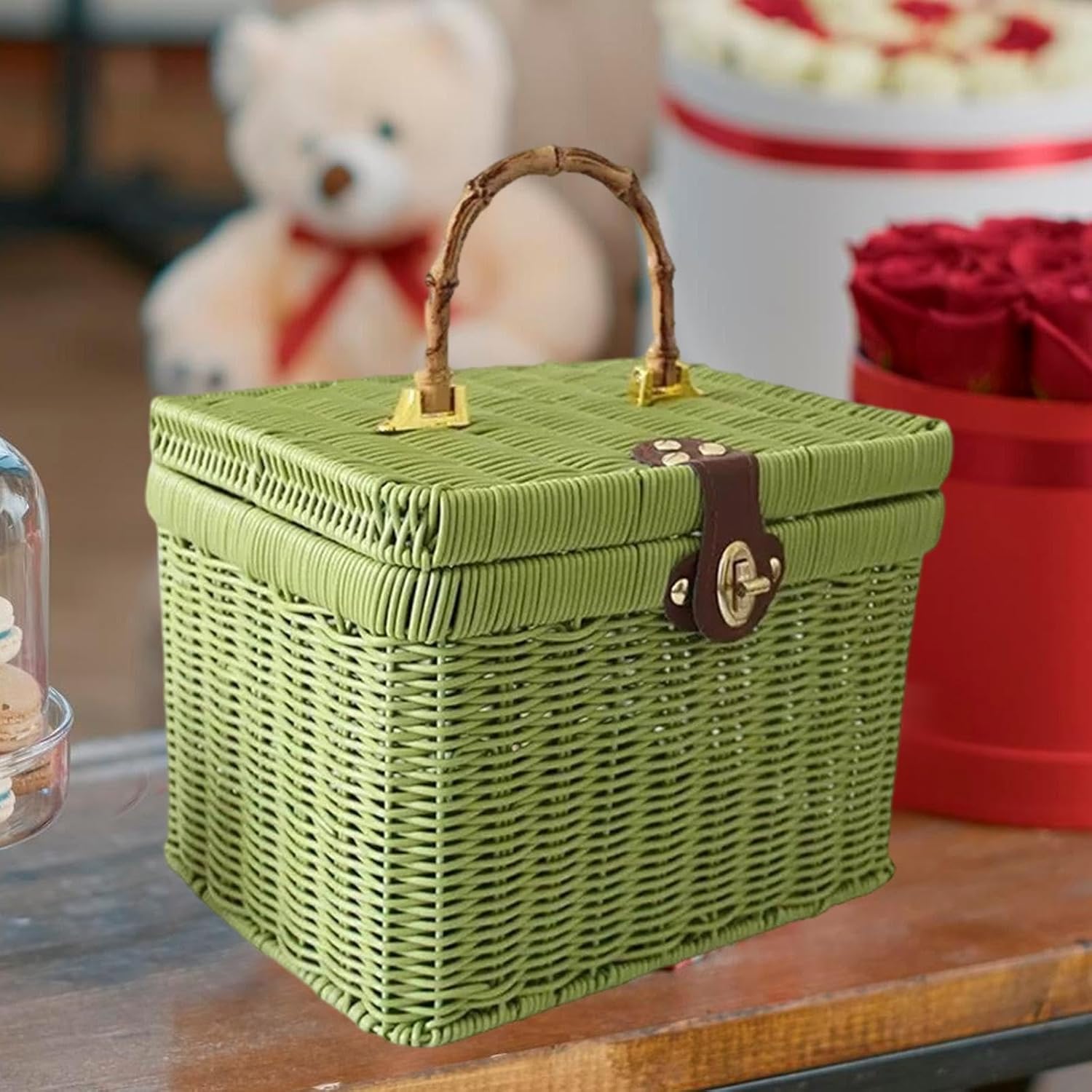 Handwoven Storage Basket, Home Decor Organizer, Decorative Storage Basket, Gift for Weddings and Outdoor Parties, Green 20x21x27cm