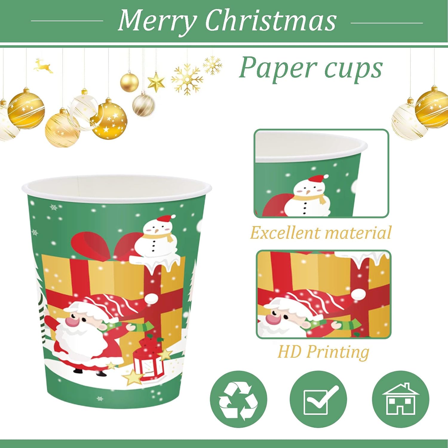 Christmas Party Paper Cups,16Pcs Green Winter Snowflakes Santa,Snowman,Elk,Gingerbread Man Disposable Paper Cups Christmas Tableware Decor for Winter Holiday Birthday Xmas Party Supplies Decorations - Image 4