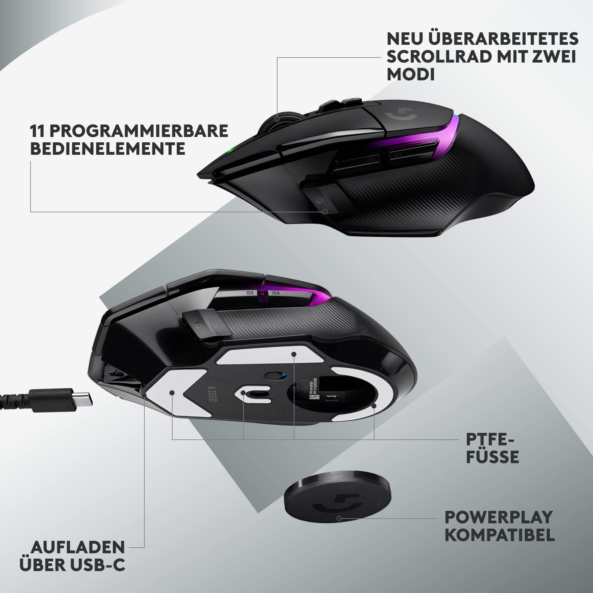 Logitech G502 X PLUS LIGHTSPEED Kabellose RGB-Gaming-Maus mit LIGHTFORCE Hybridschaltern, LIGHTSYNC RGB, HERO 25K Sensor, Schwarz