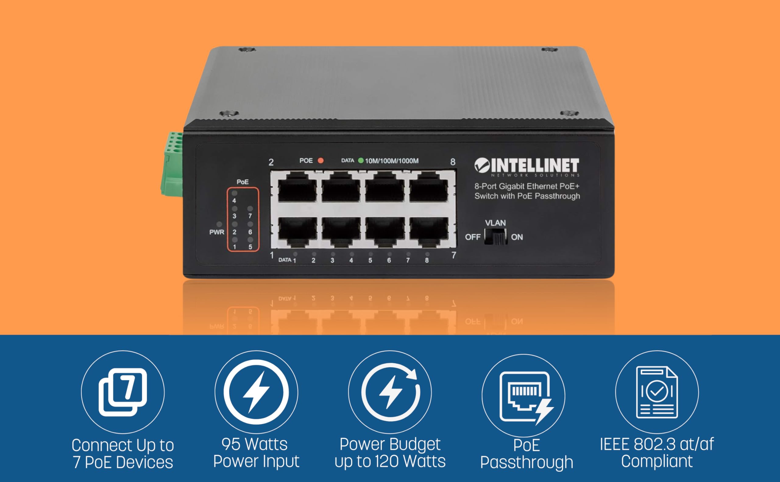 Intellinet Industrial 8-Port PoE Passthrough Gigabit Ethernet Switch - with 1 x Gigabit PoE Input, 7 x Gigabit PoE Output, 120W Power Budget via AC Power & 95W Power Budget via PoE PD - 561624