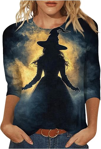2025 Halloween Shirts for Women 3/4 Sleeve Witch Graphic Tees Vintage Festival Tops Crew Neck Sweatshirts Funny Gifts