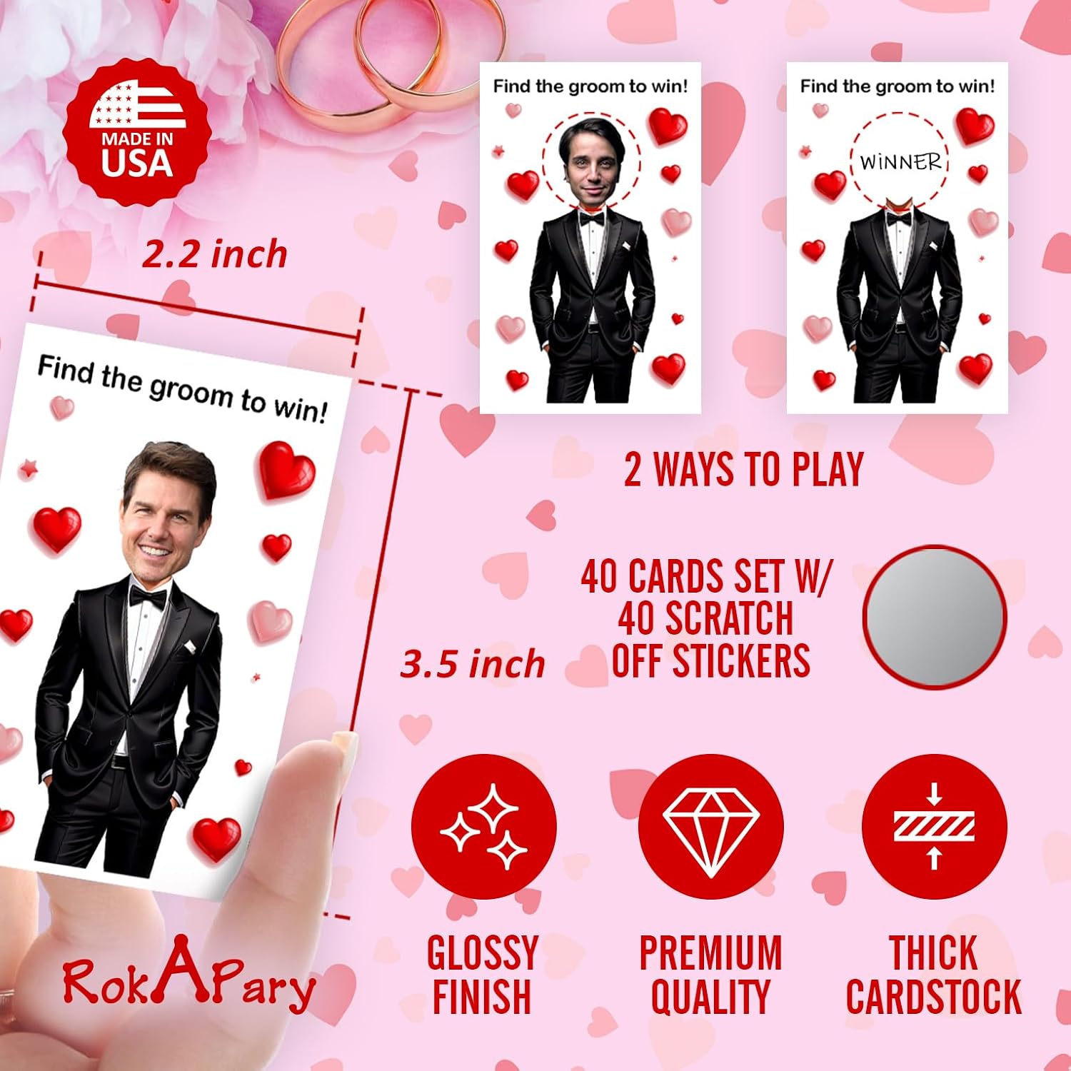 RokAPary Find the Groom to Win Bridal Shower Scratch Off Game, 40 Pack, Fun & Easy DIY Wedding Shower Idea for Guests, Engagement Party, Bachelorette Party, and Bride-to-Be Scratch Off Cards.